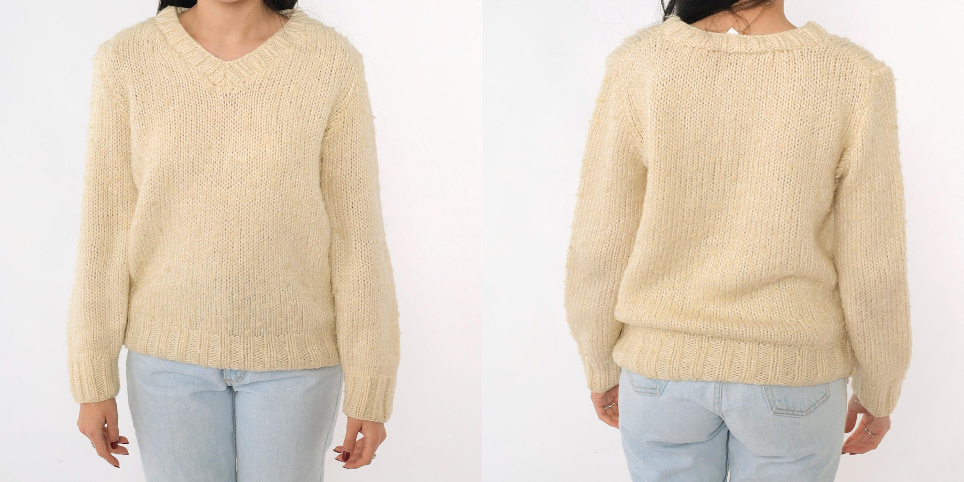 80s Cream Slub Knit V-Neck Sweater Pullover Medium M