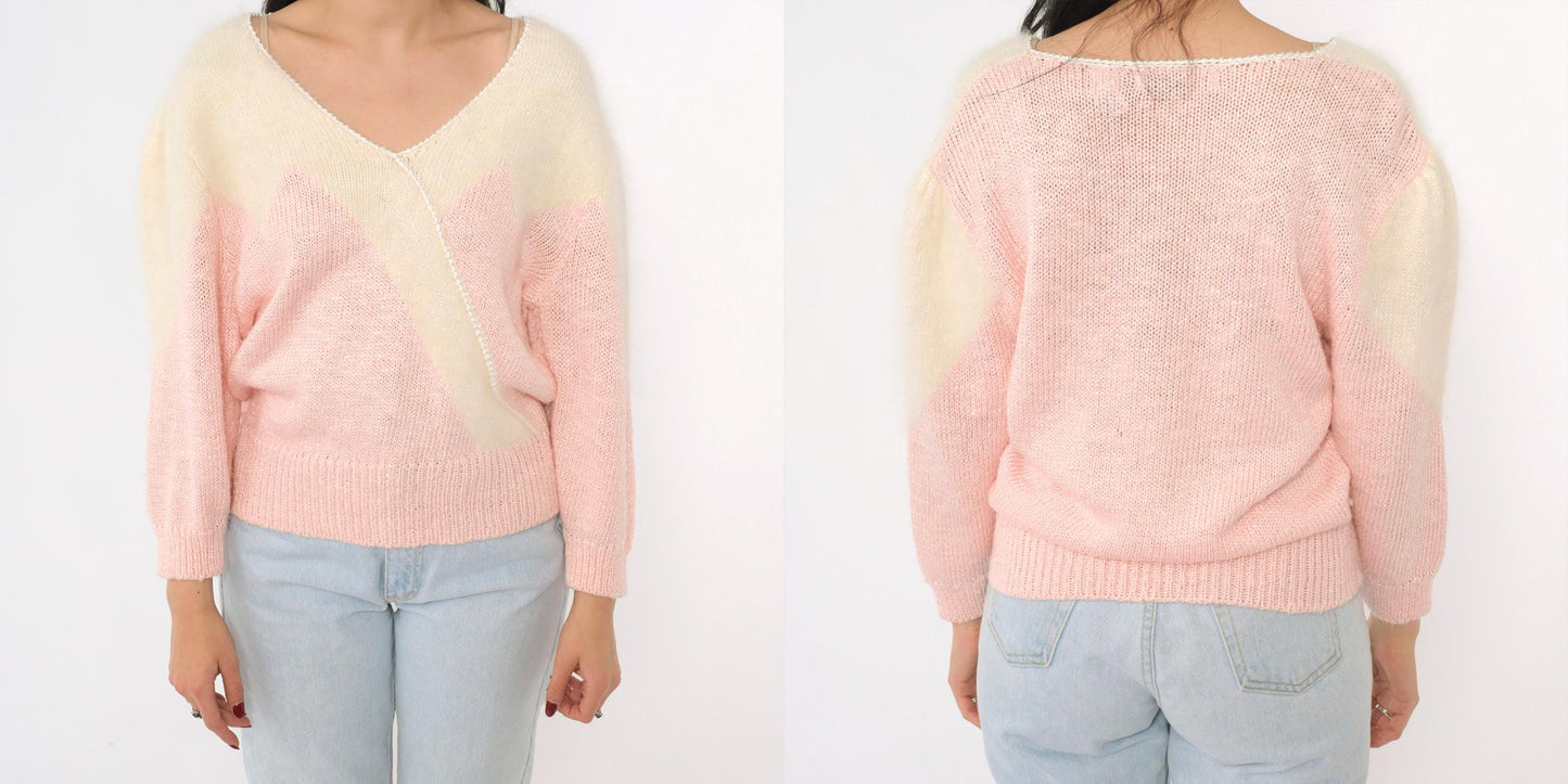 80s Pink Cream Angora Chevron V-Neck Sweater Pullover Medium