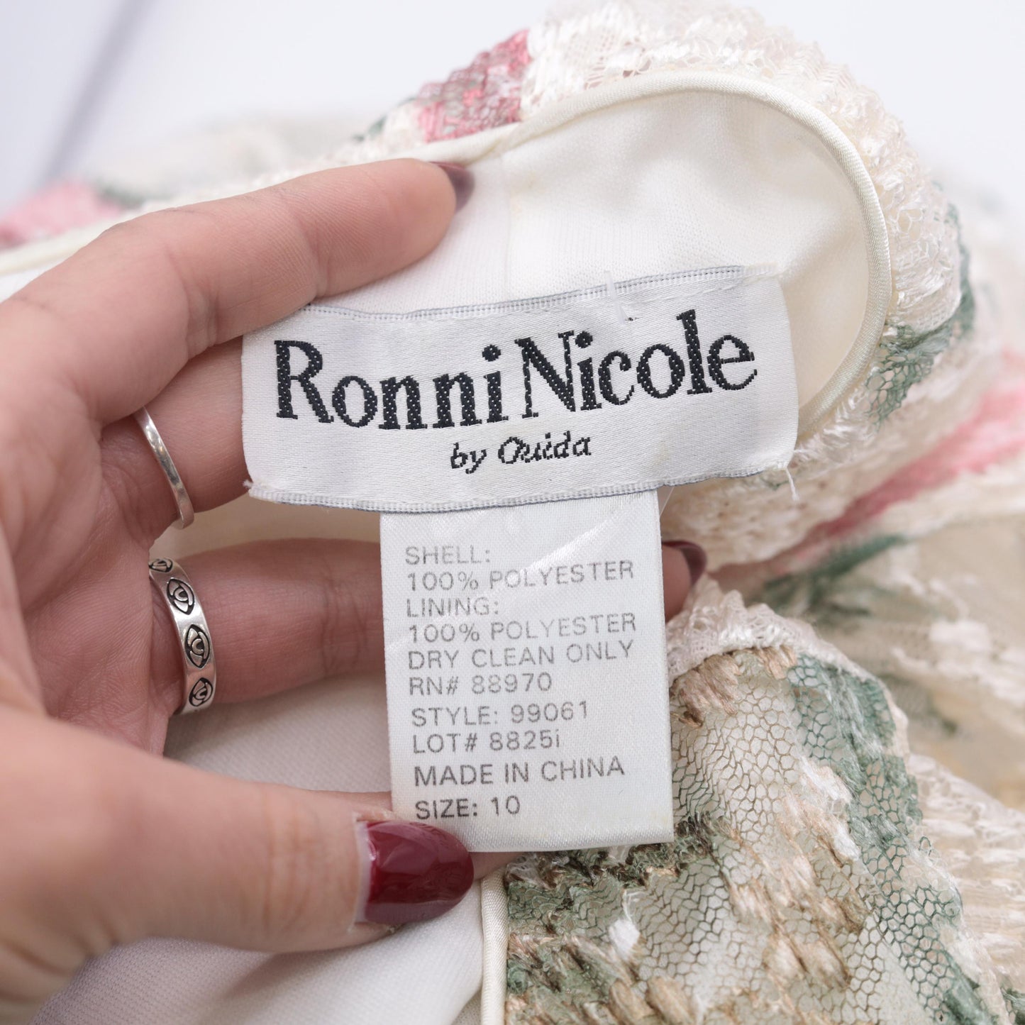 90s Ronni Nicole Cream Lace Maxi Dress Floral Print Short Sleeve Medium