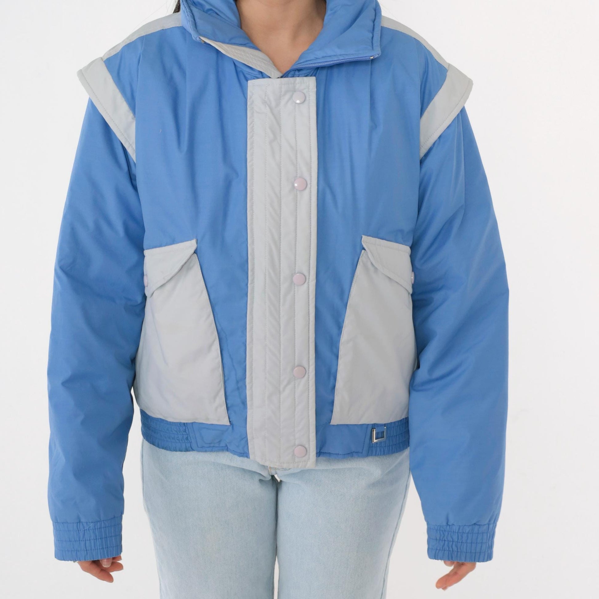 80s Prima Blue Grey Color Block Puffer Ski Jacket Zip Snap Medium M