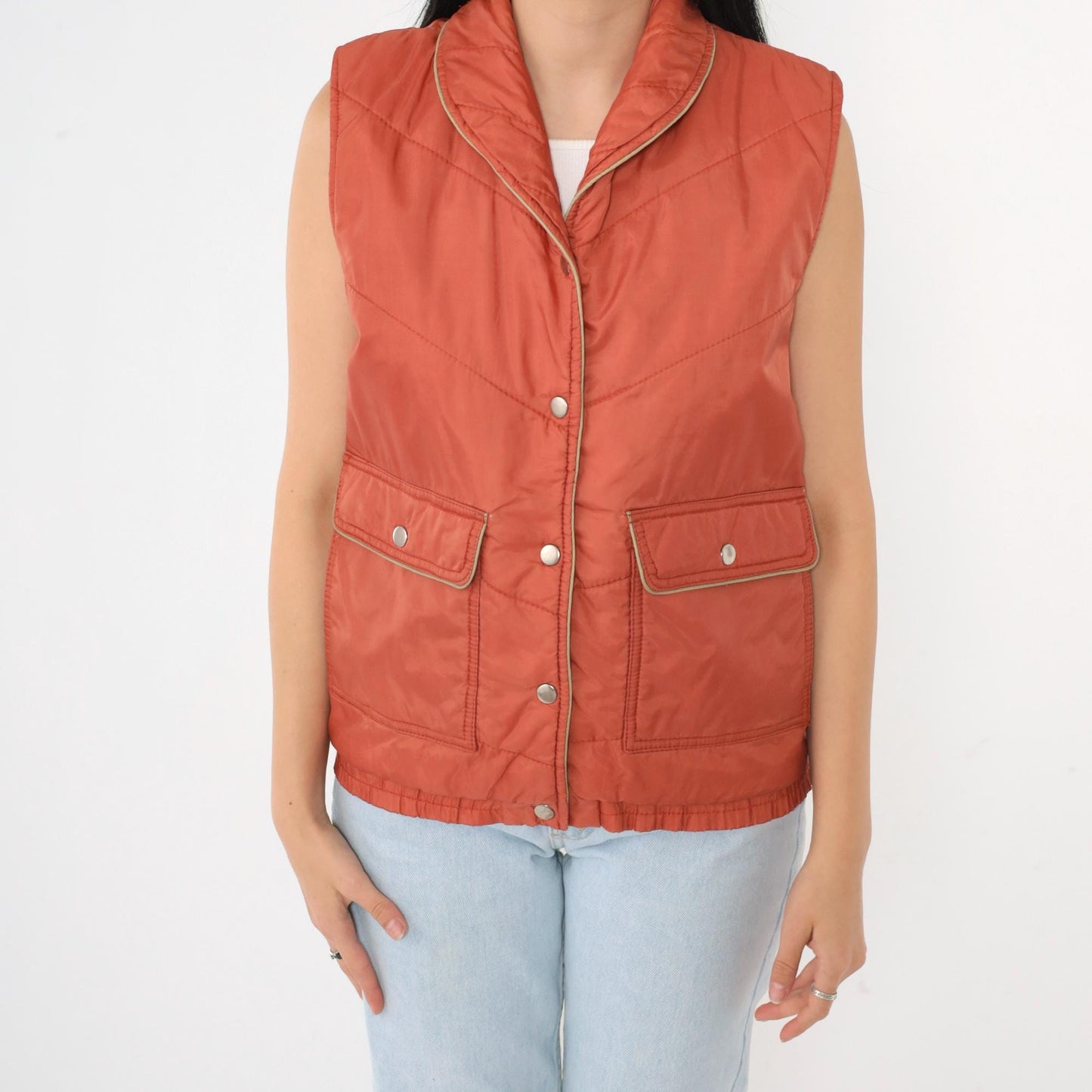 80s Rust Puffer Vest Chevron Stitching Snap Closure Sleeveless Medium M