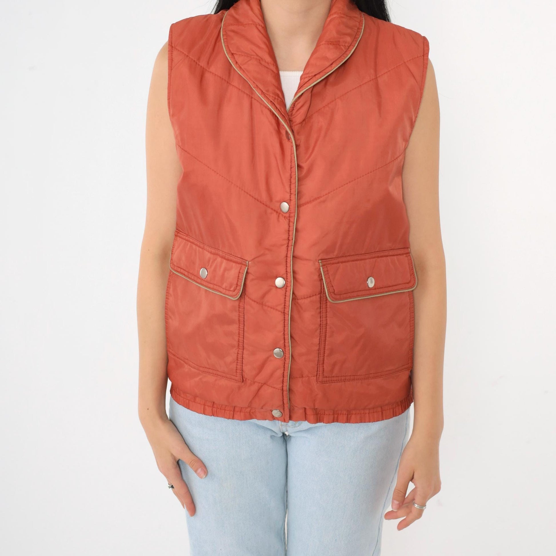 80s Rust Puffer Vest Chevron Stitching Snap Closure Sleeveless Medium M