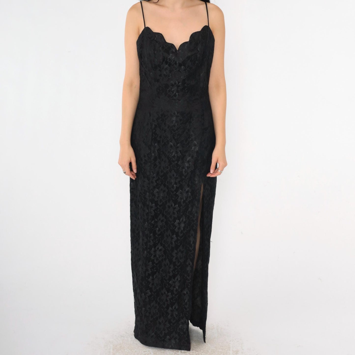 90s Black Lace Maxi Dress Sweetheart Neckline High Slit Spaghetti Strap Small