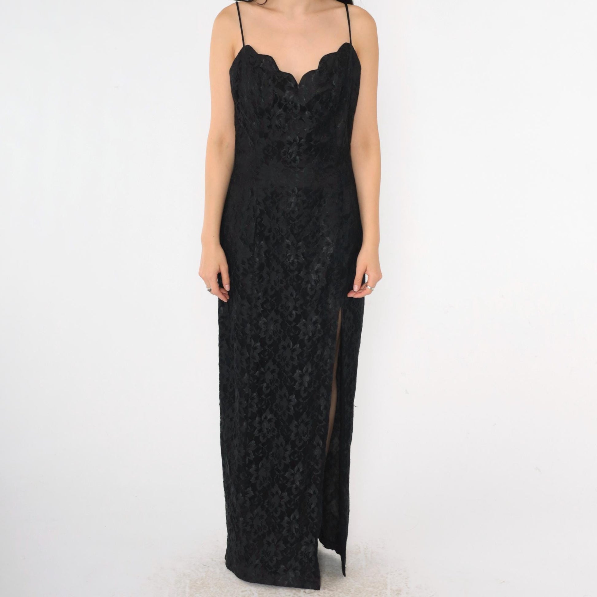 90s Black Lace Maxi Dress Sweetheart Neckline High Slit Spaghetti Strap Small