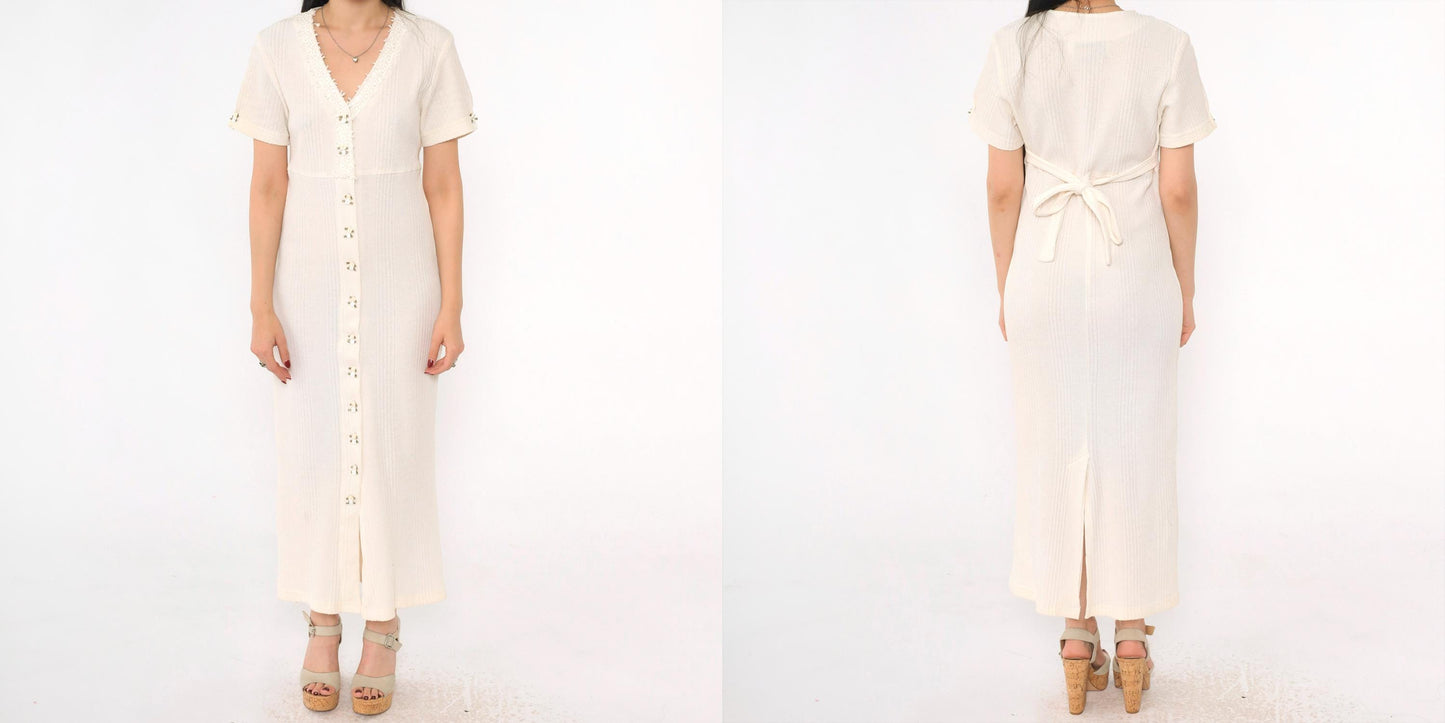 90s Ivory Ribbed Rosette Maxi Dress Button Front Lace Trim V-Neck Small S