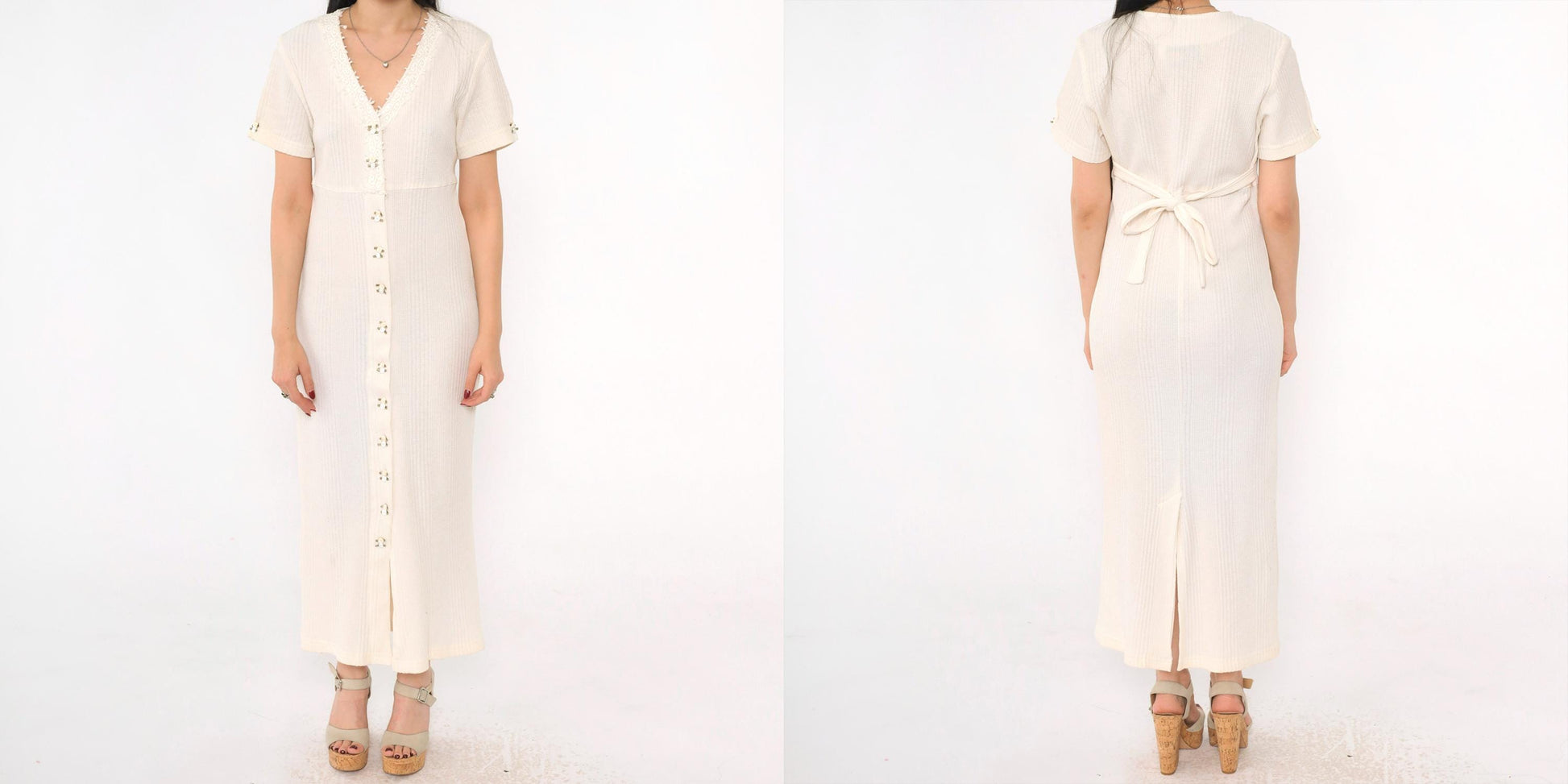 90s Ivory Ribbed Rosette Maxi Dress Button Front Lace Trim V-Neck Small S
