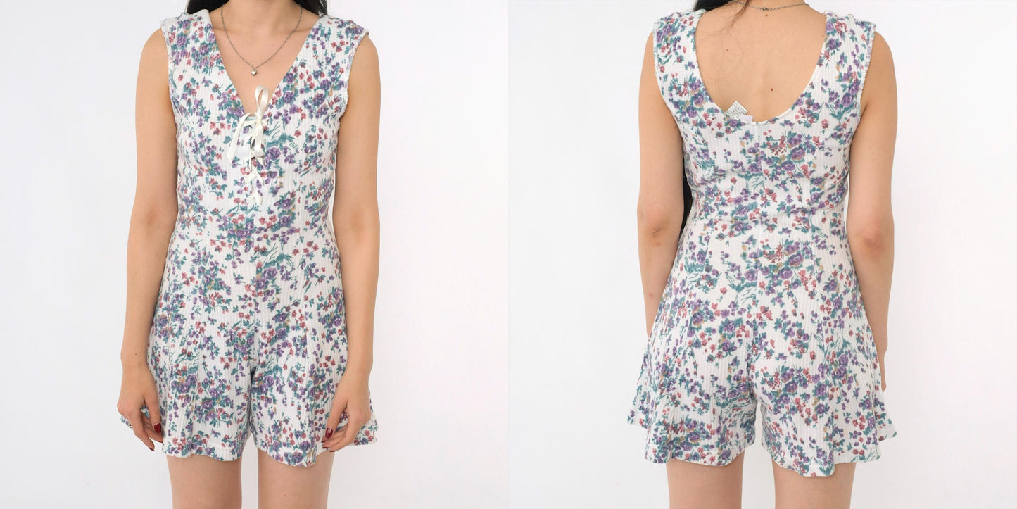 90s White Floral Romper Lace-Up Corset Bodice Wide Leg Sleeveless Small
