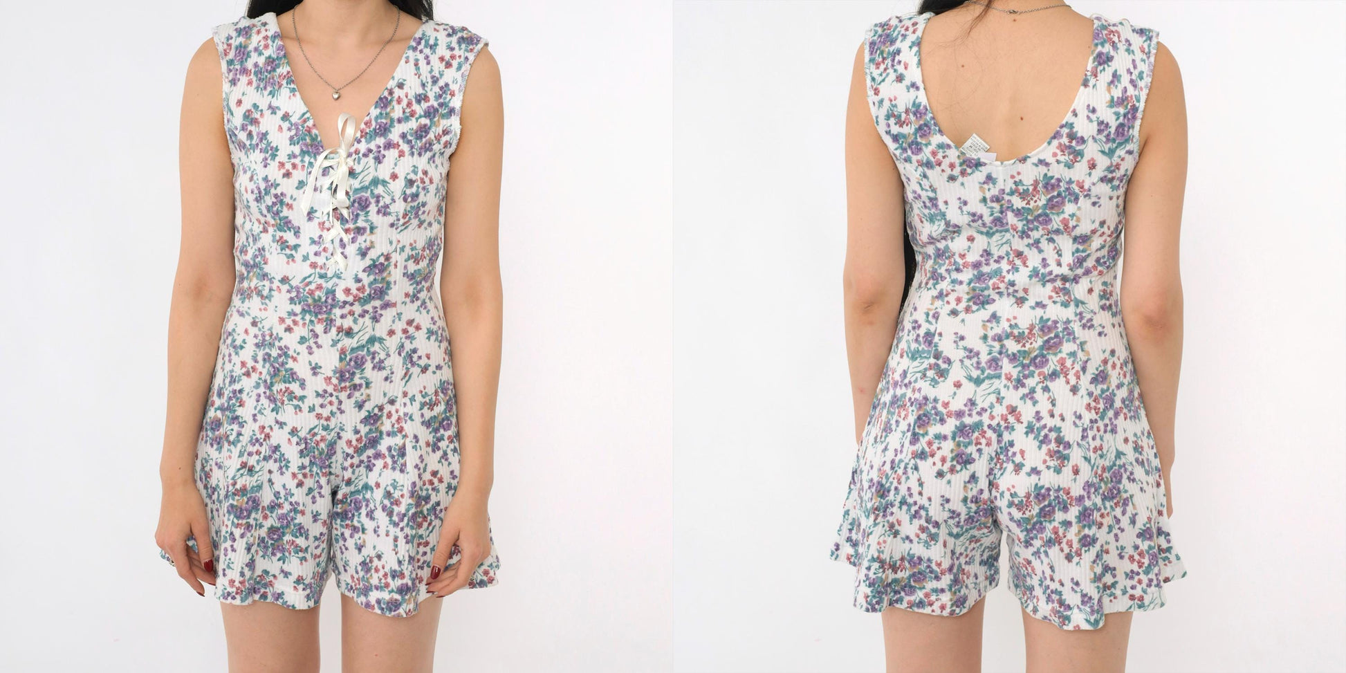 90s White Floral Romper Lace-Up Corset Bodice Wide Leg Sleeveless Small