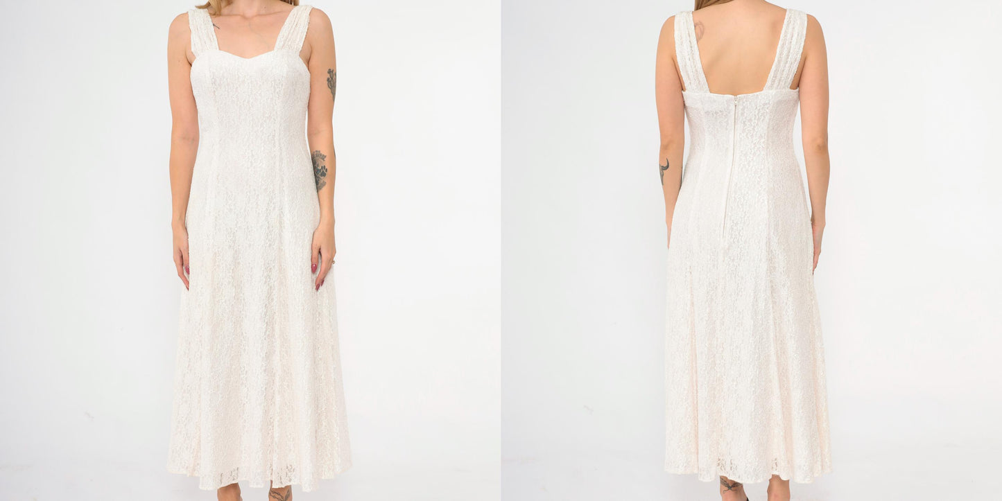 90s White Lace Maxi Dress Sweetheart Neckline Ankle Length Small