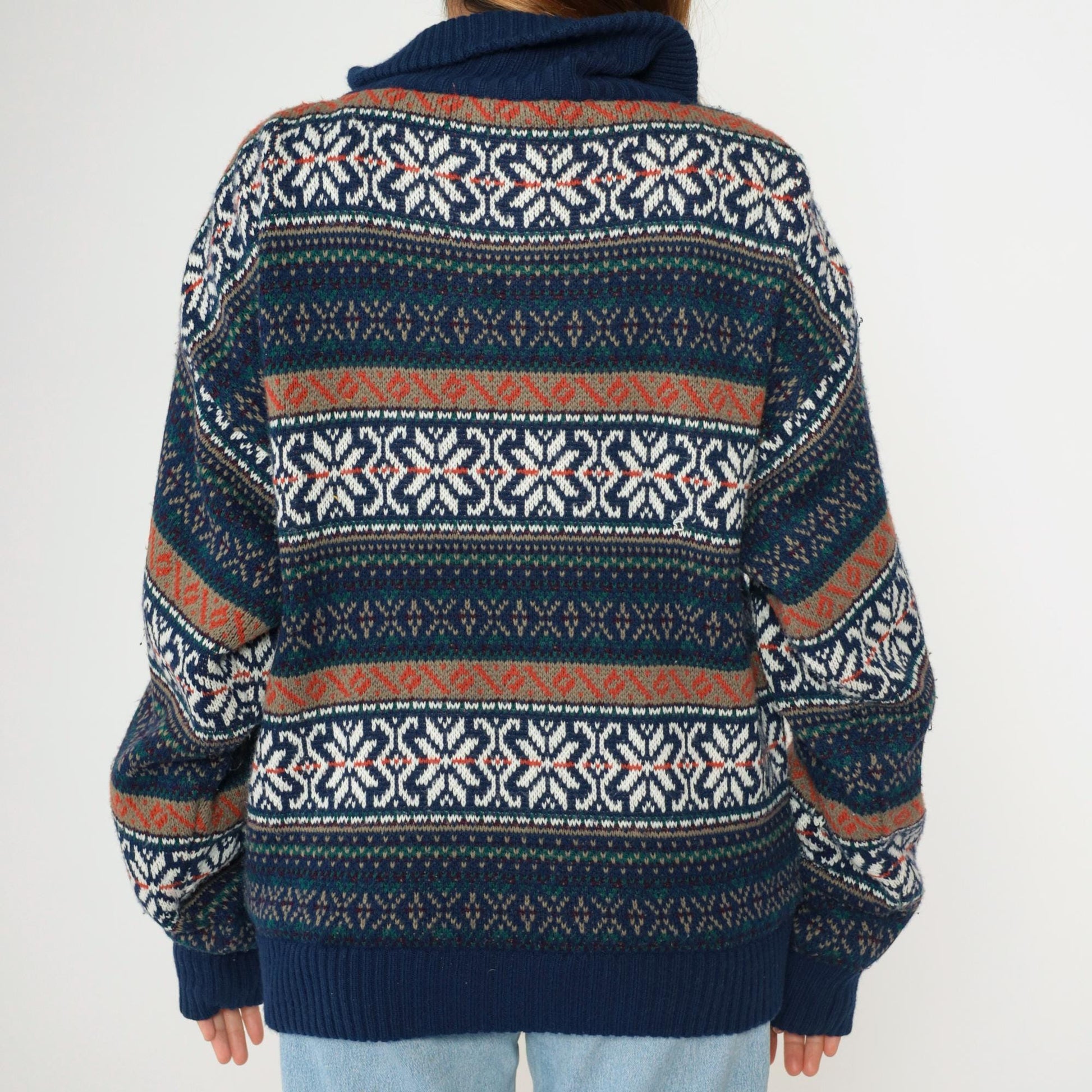 00s Fair Isle Cardigan Navy Blue Zip-Up Knit Sweater Large L