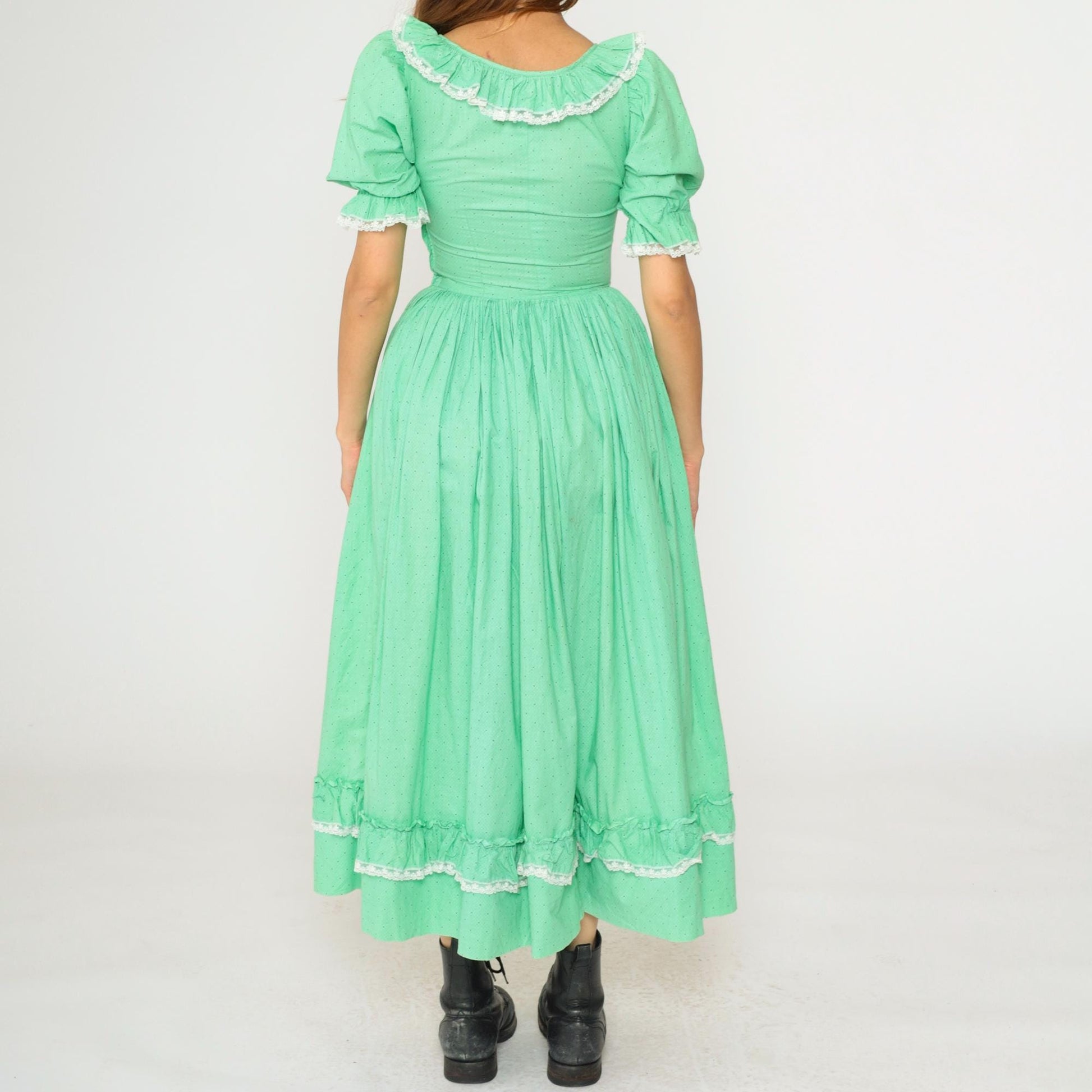1960s Mint Green Polka Dot Puff Sleeve Maxi Dress High Waist Extra Small