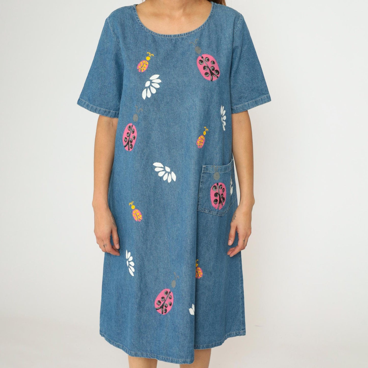 90s Denim Midi Dress Ladybug Floral Print Shift Blue Short Sleeve Large L