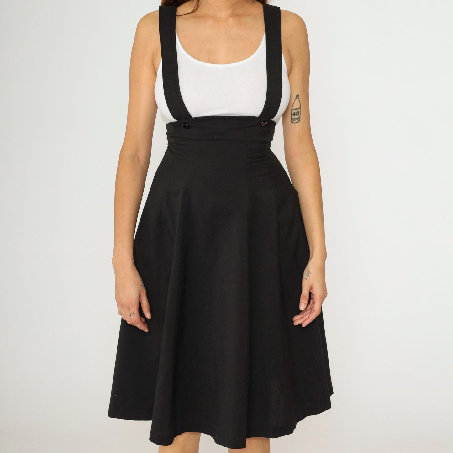 Y2K Black A-Line Midi Skirt with Suspender Straps High Waist 00s Extra Small