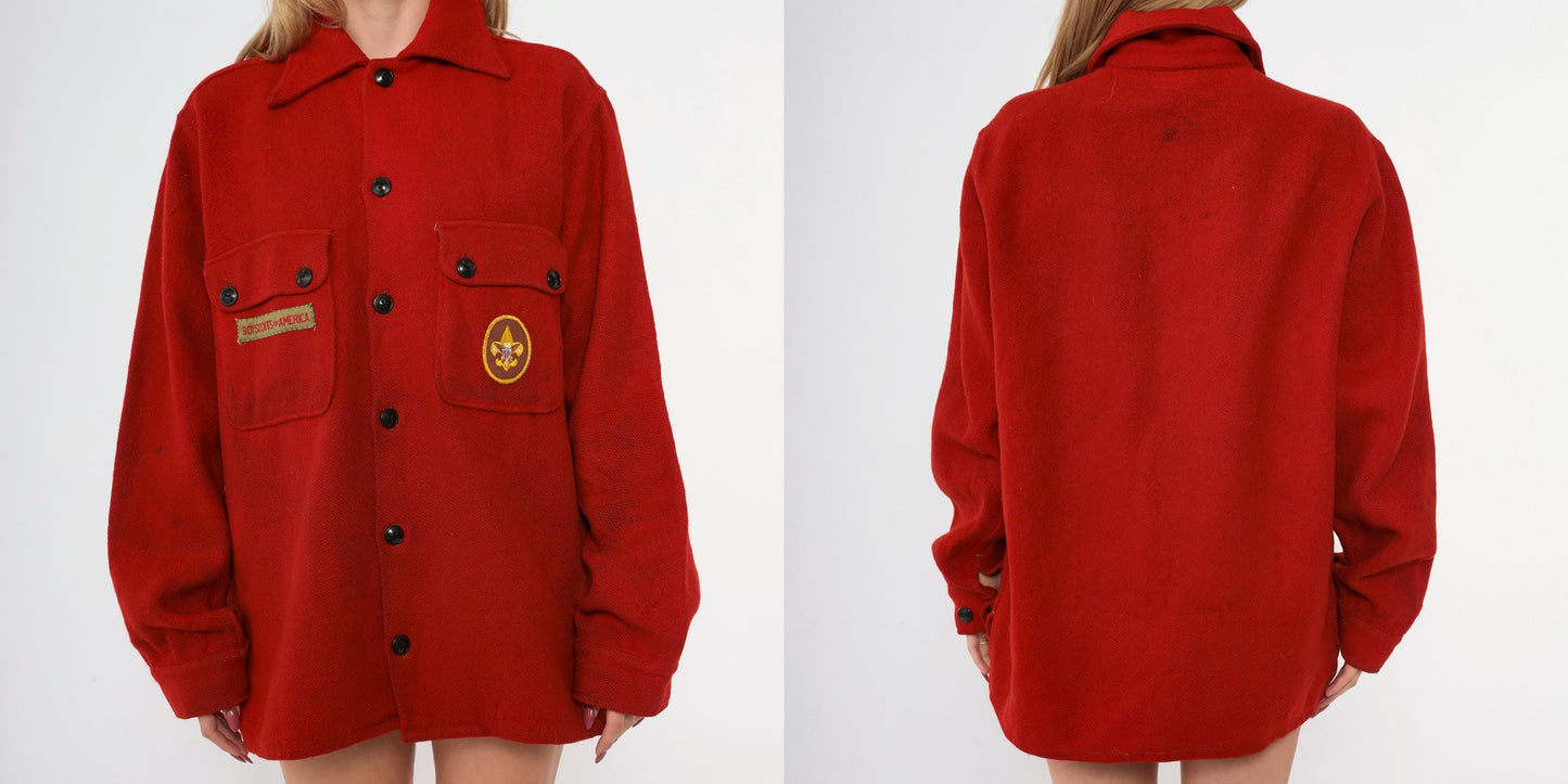 70s Boy Scouts of America Red Wool Button-Up Shirt Fleur De Lis Patch Large L