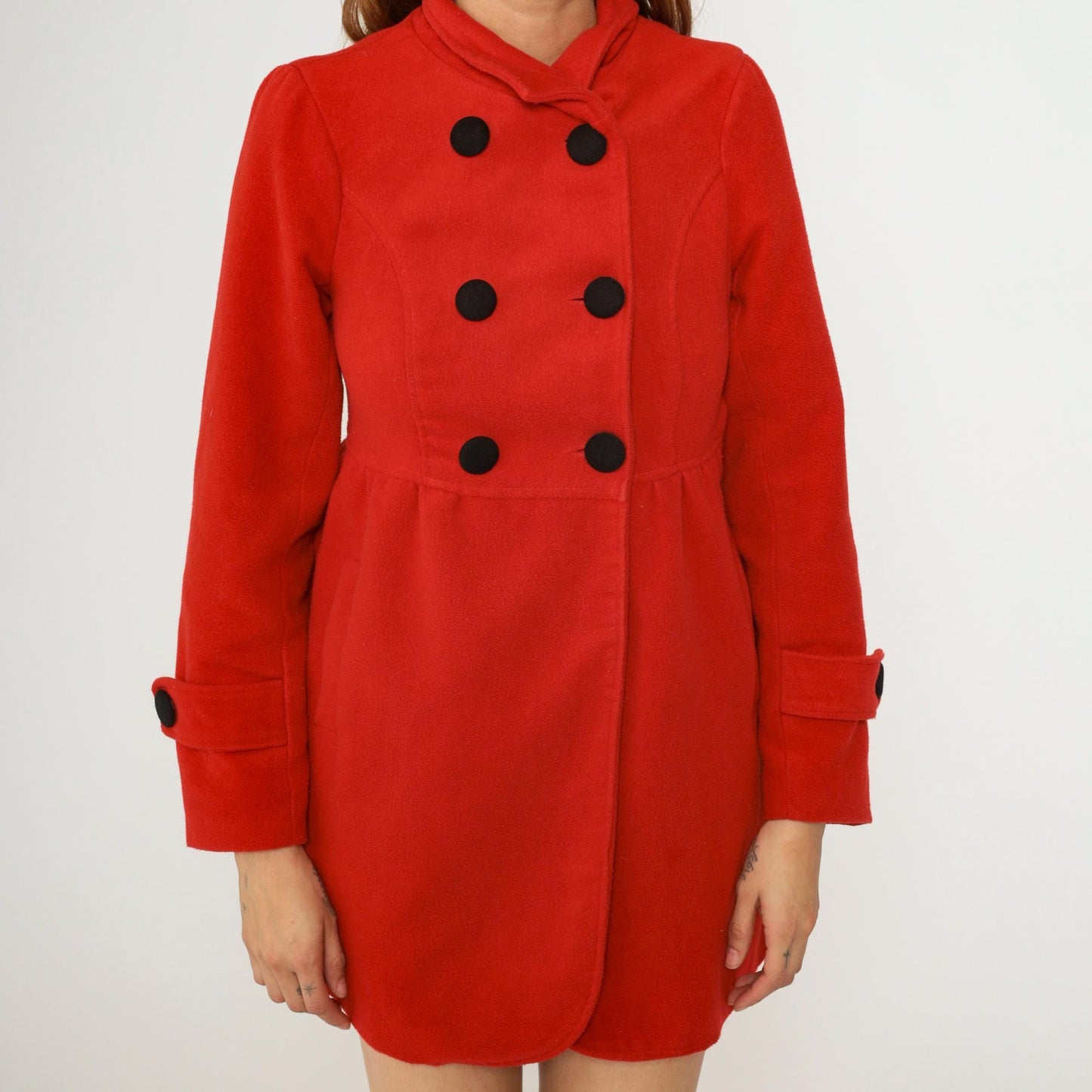 90s Red Wool Peacoat Double Breasted Princess Seams XXS