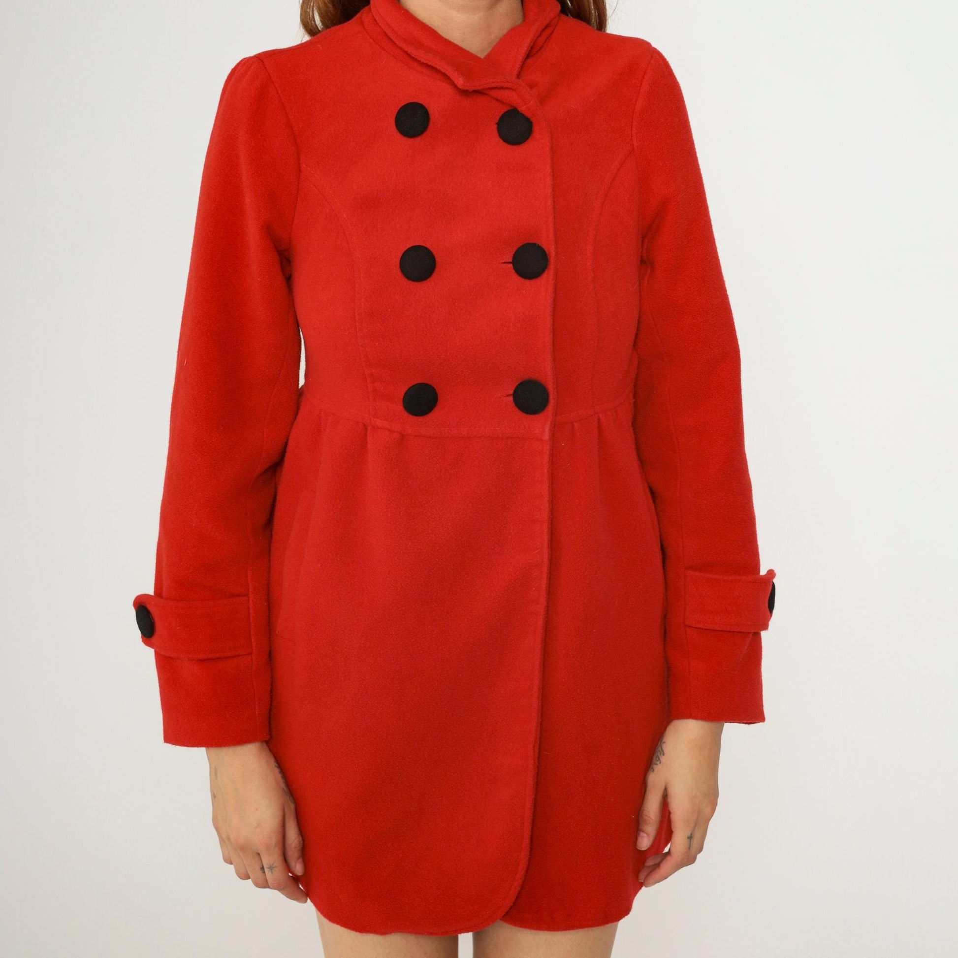90s Red Wool Peacoat Double Breasted Princess Seams XXS