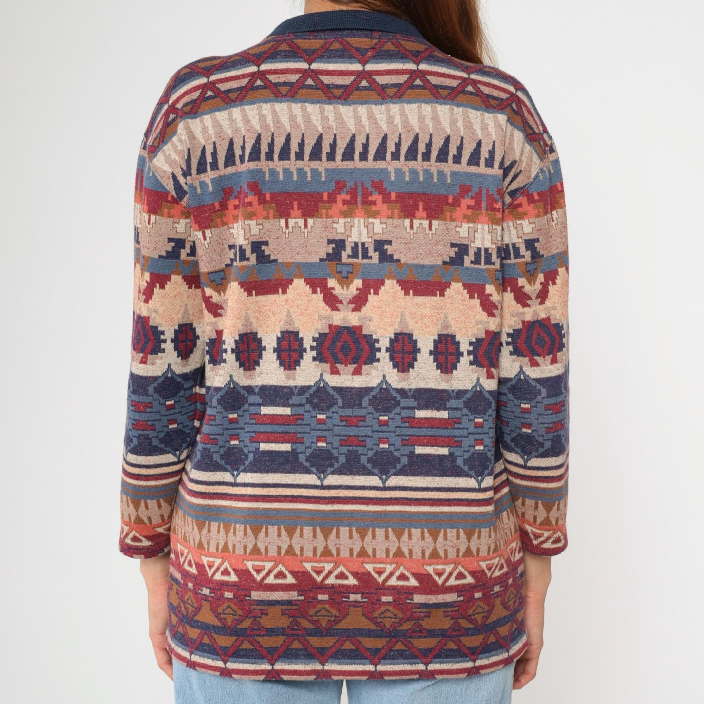 90s Southwestern Tapestry Button Up Blouse Navy Blue Red Long Sleeve Extra Small