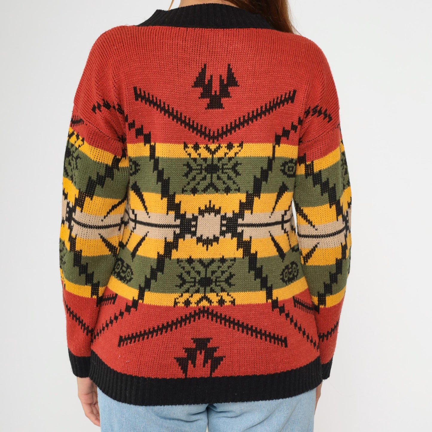80s Southwestern Geometric Knit Sweater Red Black Ringer Crewneck Medium