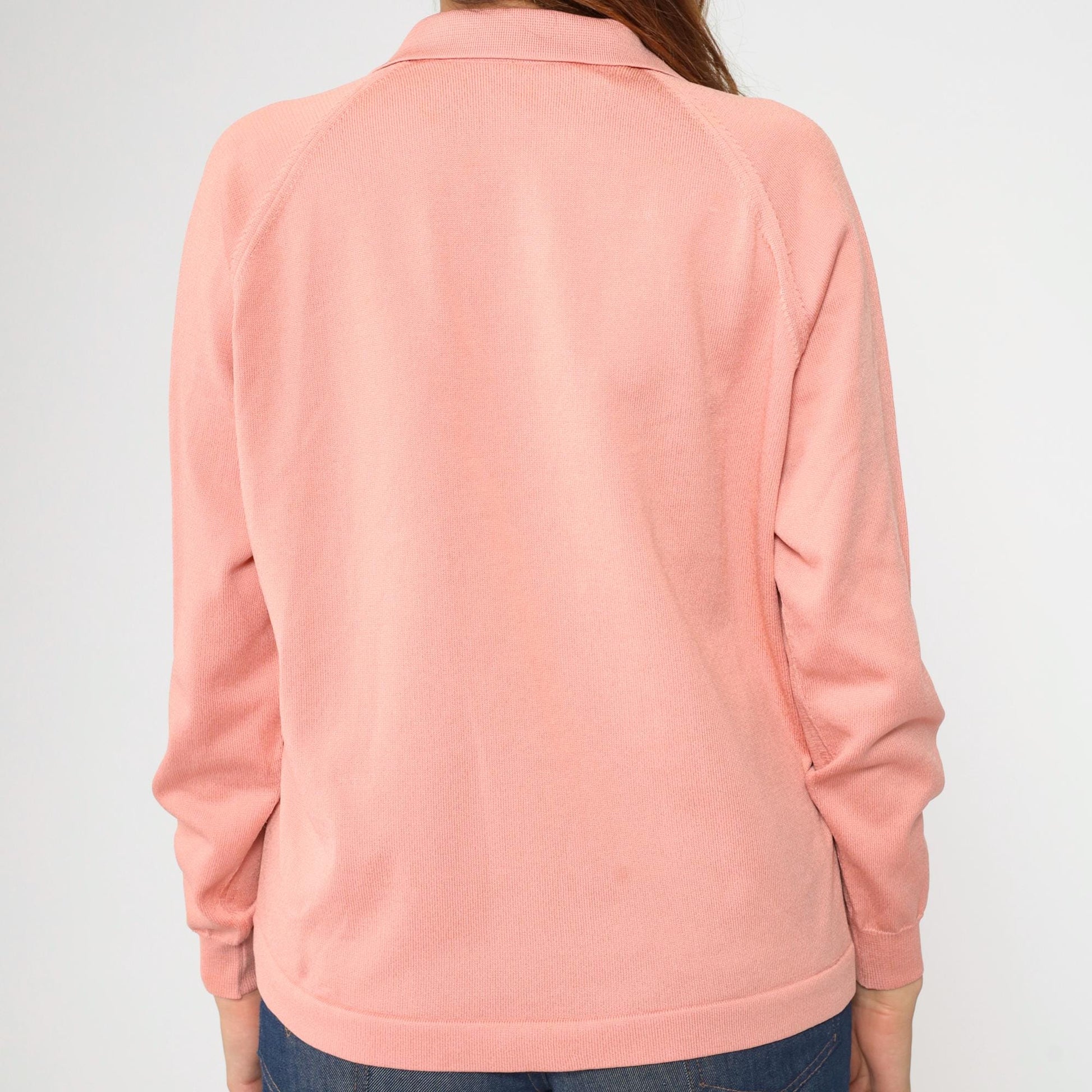 70s Pink Textured Cardigan Sweater Raglan Collar Button-Up Medium