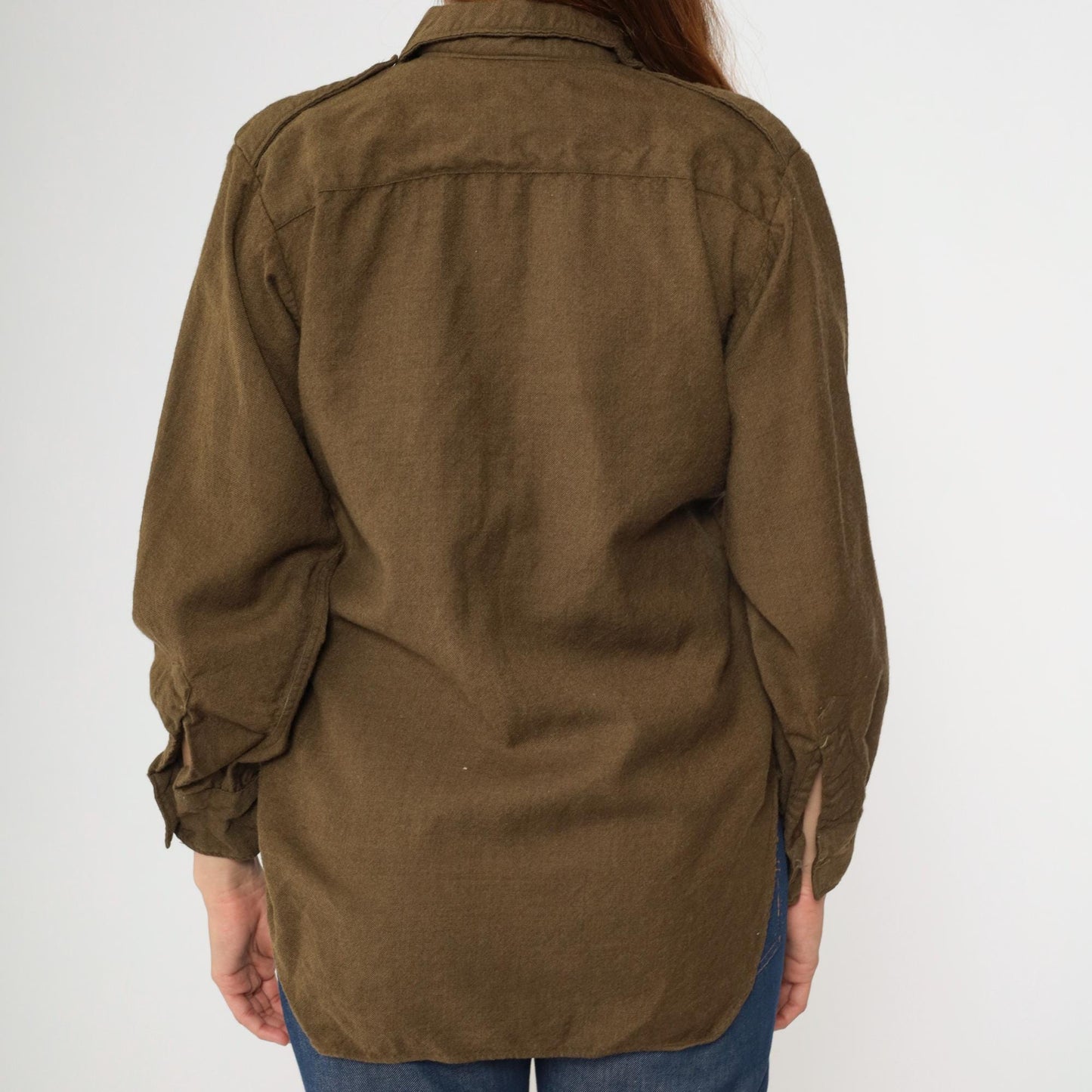 80s Olive Brown Wool Military Shirt Button Up Epaulettes Utility Pockets Small