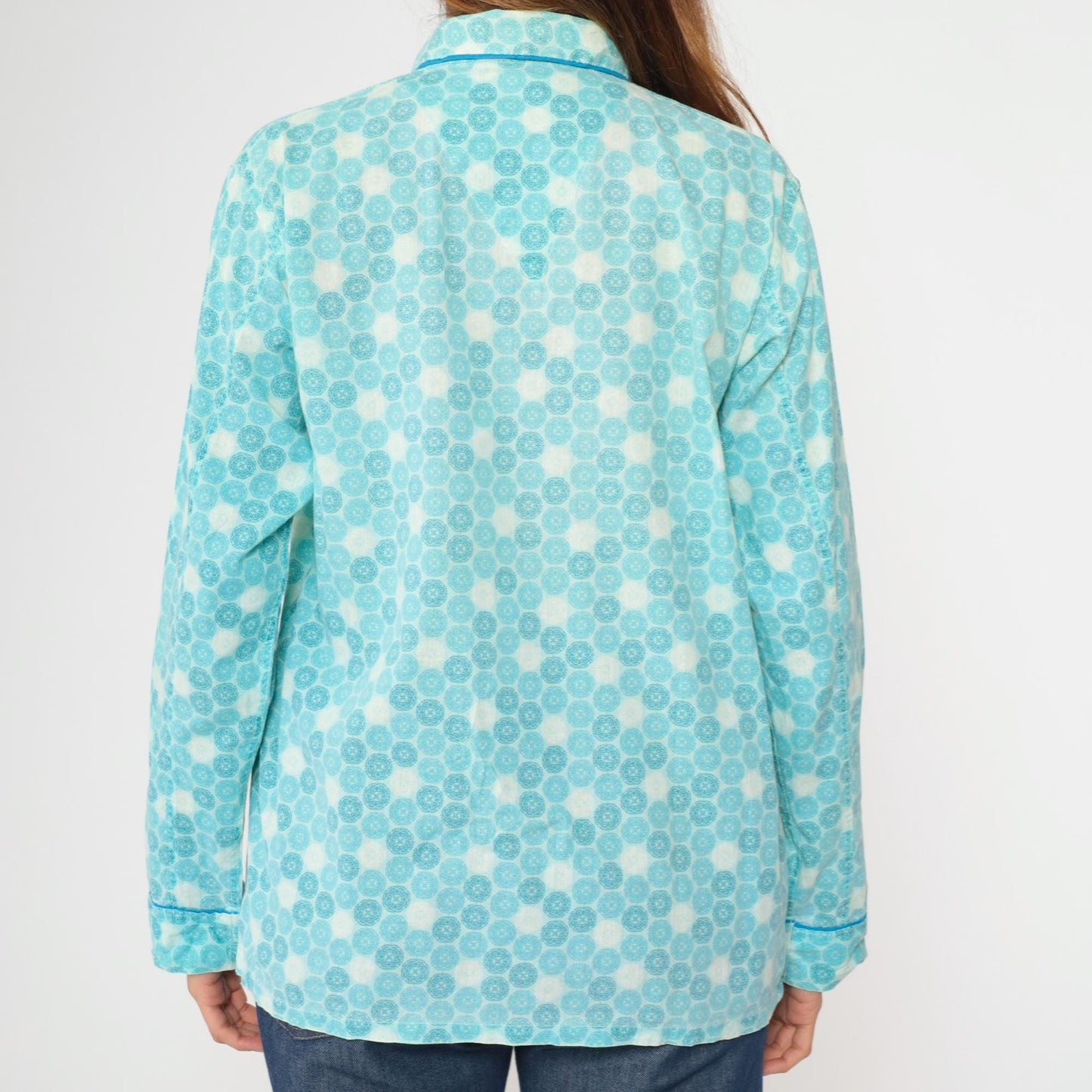 70s Kaynee Endura Press Pajama Shirt Blue Geometric Mandala Medium