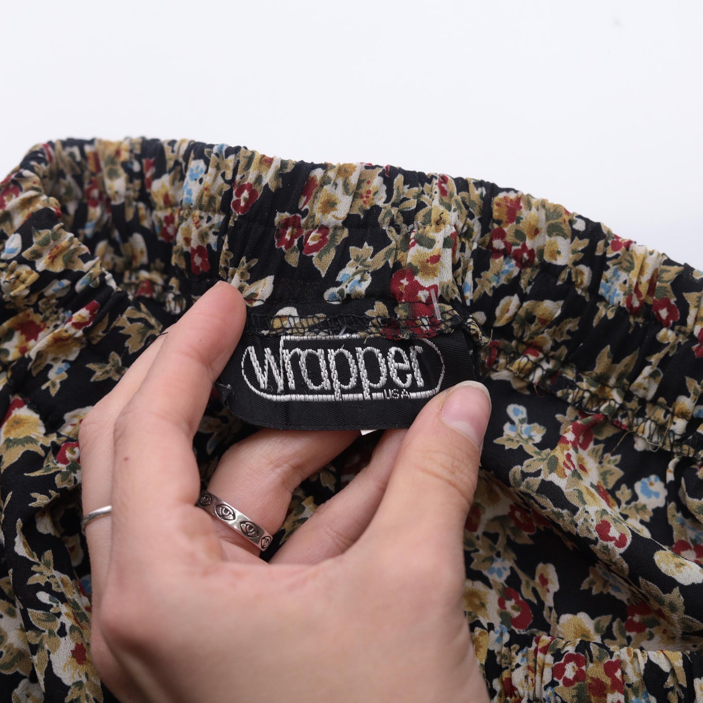 90s Floral Tiered Mini Skirt Black Olive Green Elastic Waist Small