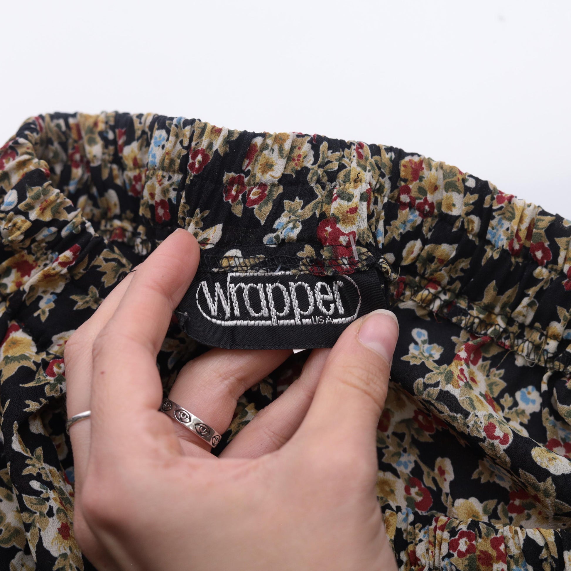90s Floral Tiered Mini Skirt Black Olive Green Elastic Waist Small