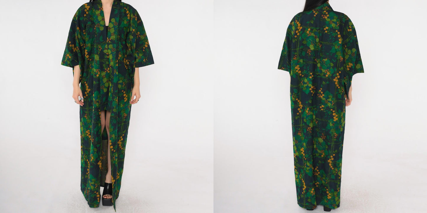 70s Green Floral Silk Kimono Robe Open Front Full Length