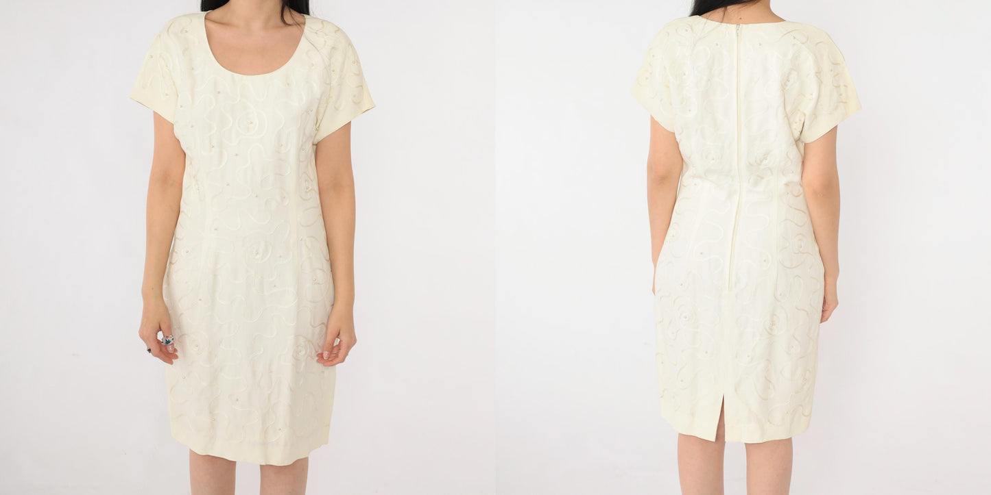 90s Donna Ricco Cream Pearl Beaded Soutache Mini Dress Scoop Neck Small