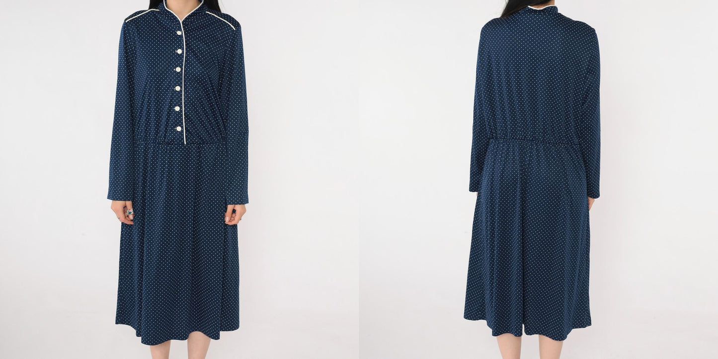 70s Polka Dot Midi Shirtdress Navy Blue High Waist Button Up Long Sleeve Large L