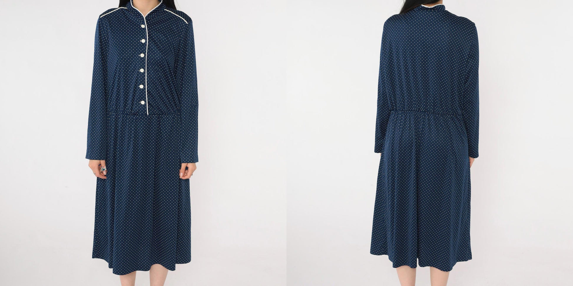 70s Polka Dot Midi Shirtdress Navy Blue High Waist Button Up Long Sleeve Large L