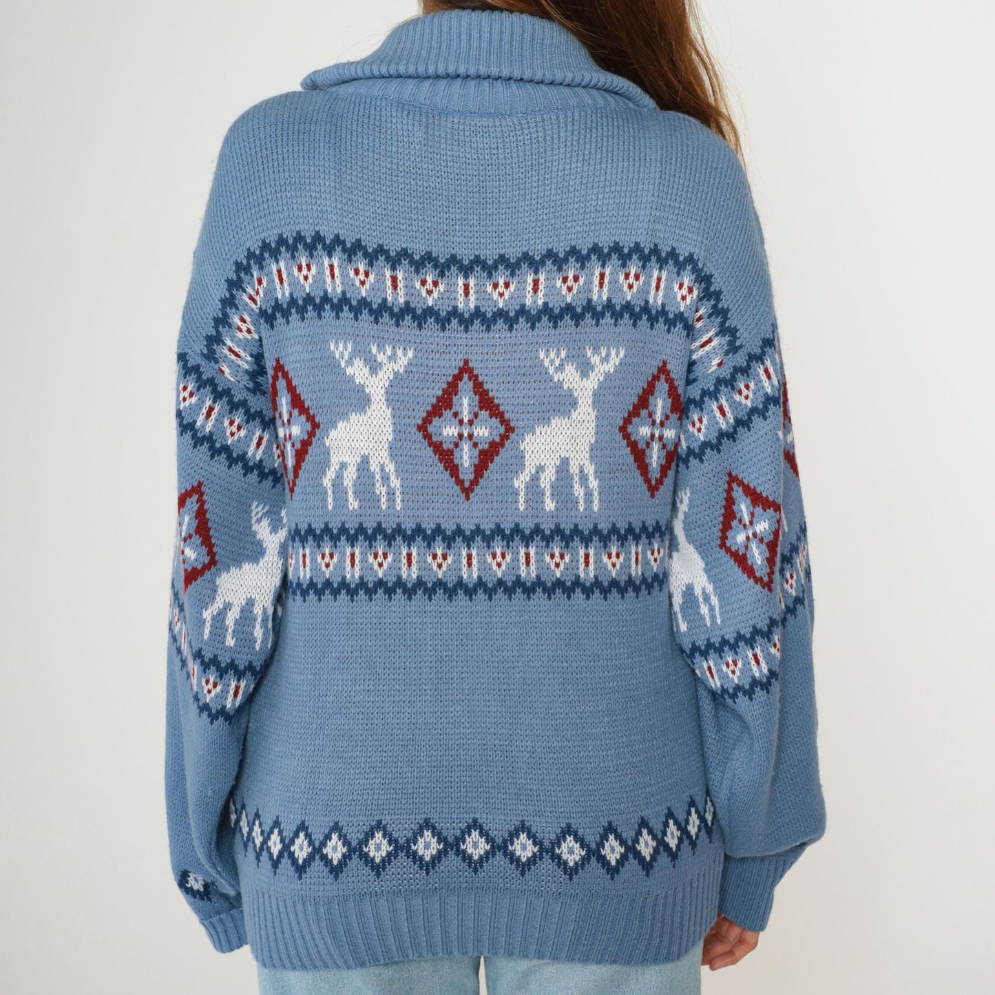 Y2K Fair Isle Reindeer Cardigan Blue Nordic Zip Knit Small S