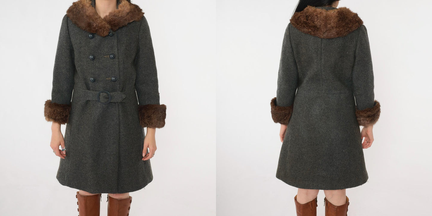 1960s Wool Pea Coat Charcoal Grey Fur Collar Double Breasted Extra Small