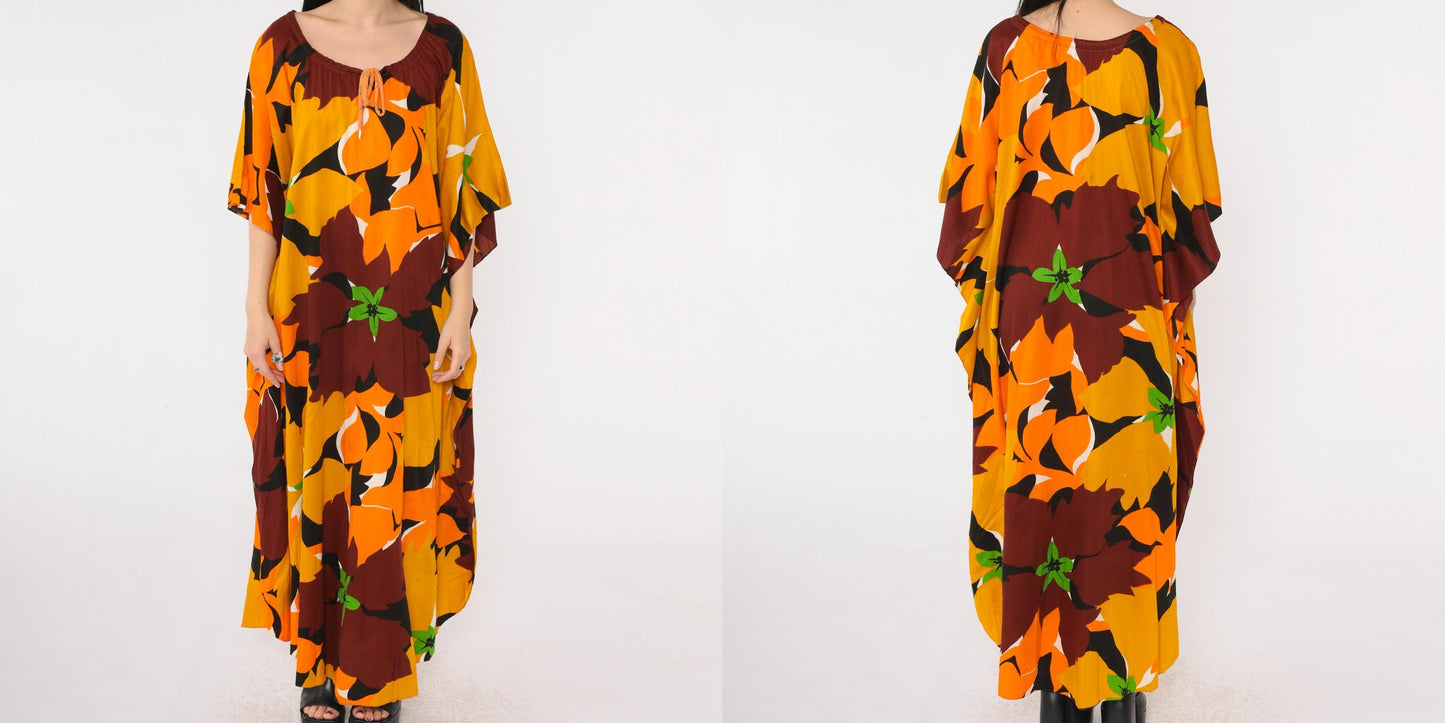70s Hawaiian Caftan Maxi Dress Floral Mustard Orange Brown One Size