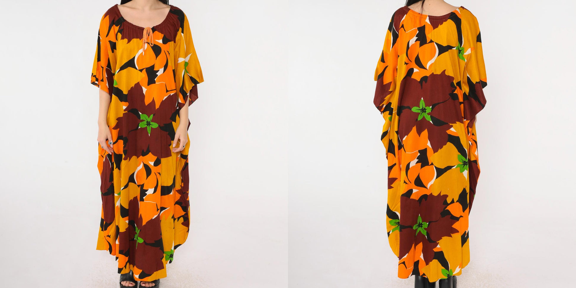 70s Hawaiian Caftan Maxi Dress Floral Mustard Orange Brown One Size