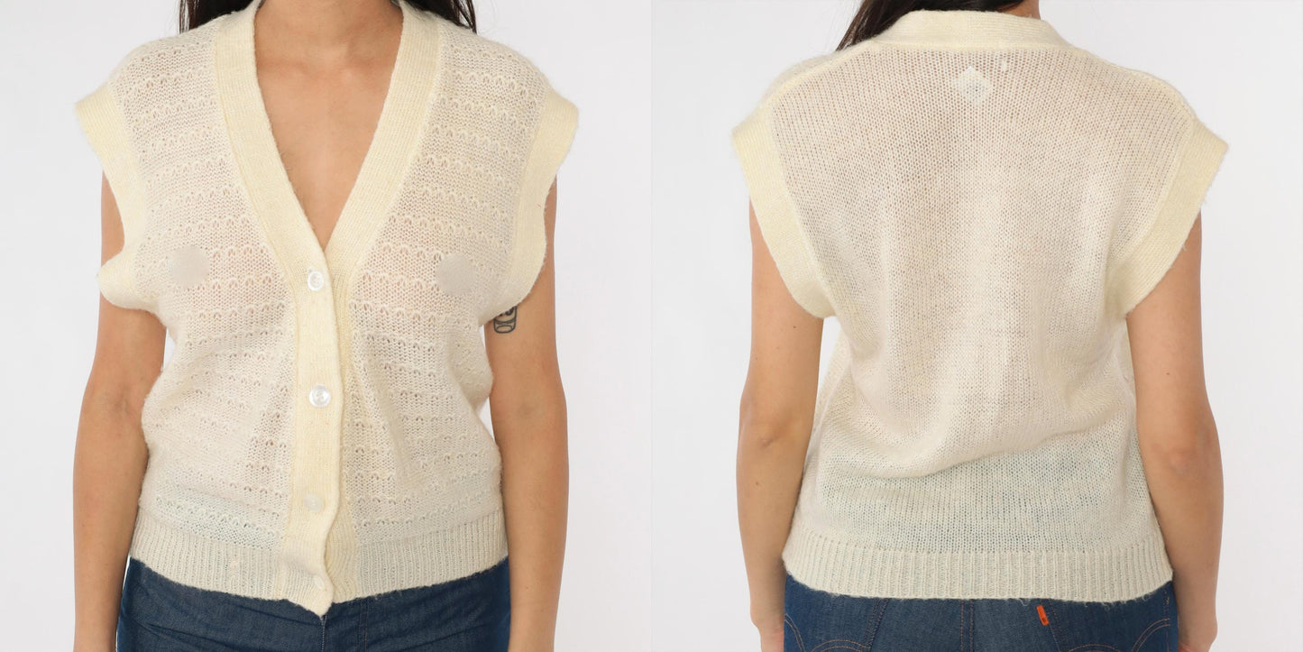 80s Cream Sheer Knit Vest Button-Up Sweater Cap Sleeve Small