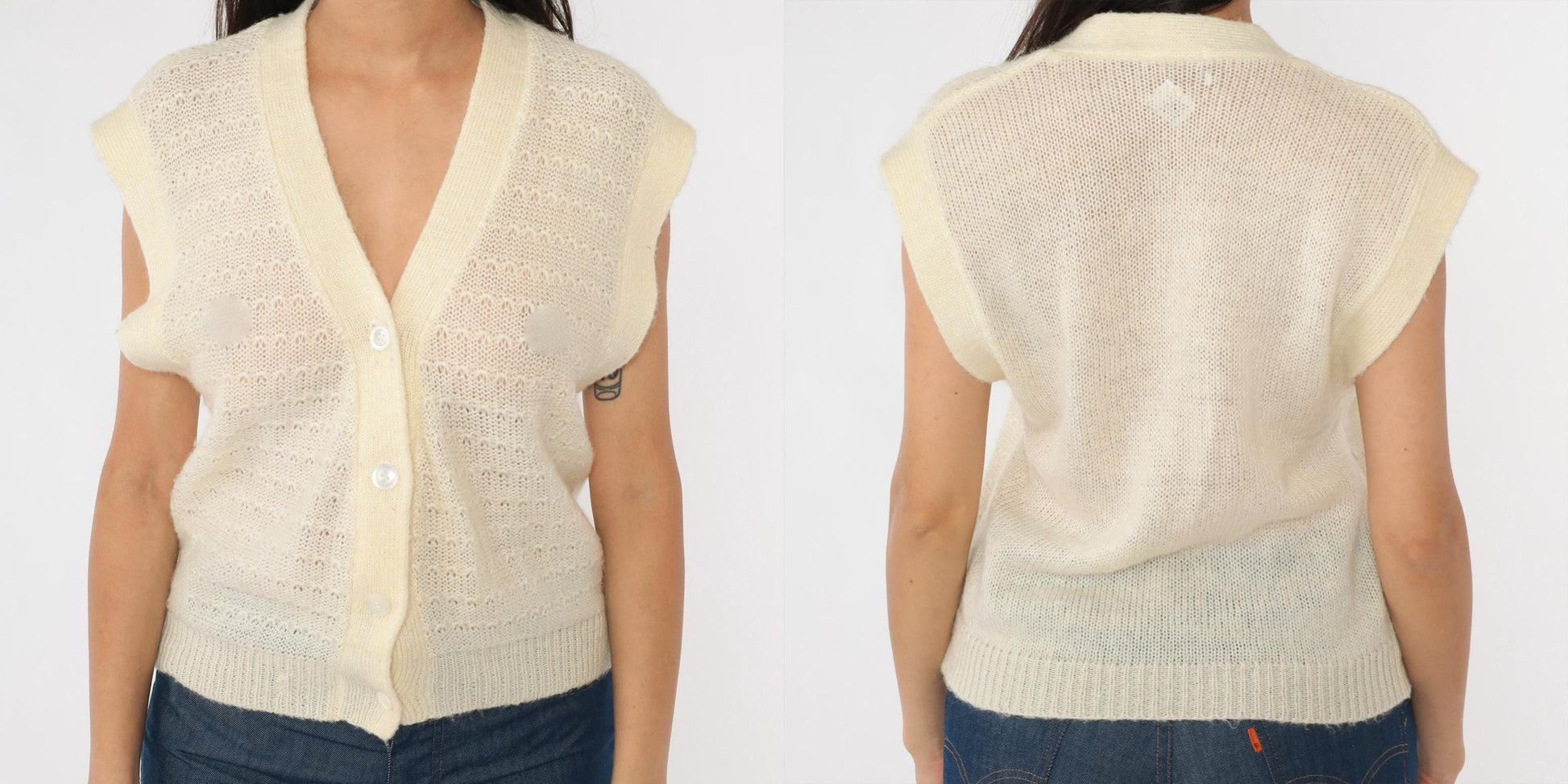 80s Cream Sheer Knit Vest Button-Up Sweater Cap Sleeve Small