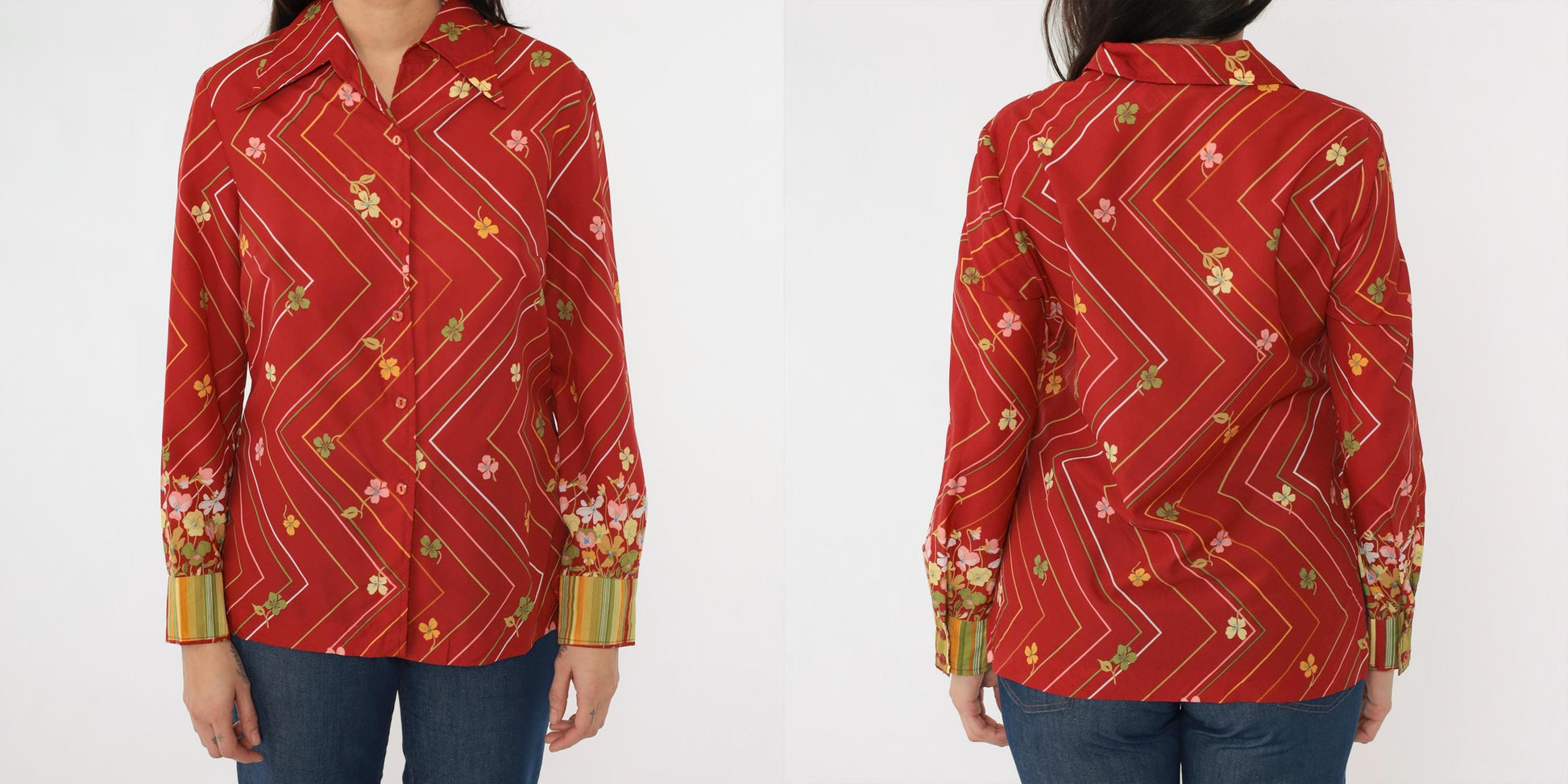 70s Striped Floral Button Up Blouse Red Zig Zag Long Sleeve Medium