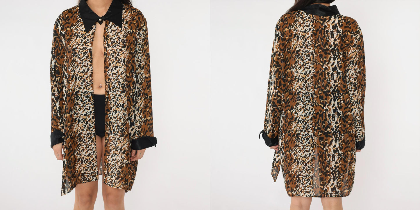 90s Leopard Print Jacket Black Collar Longline Open Front Small Medium