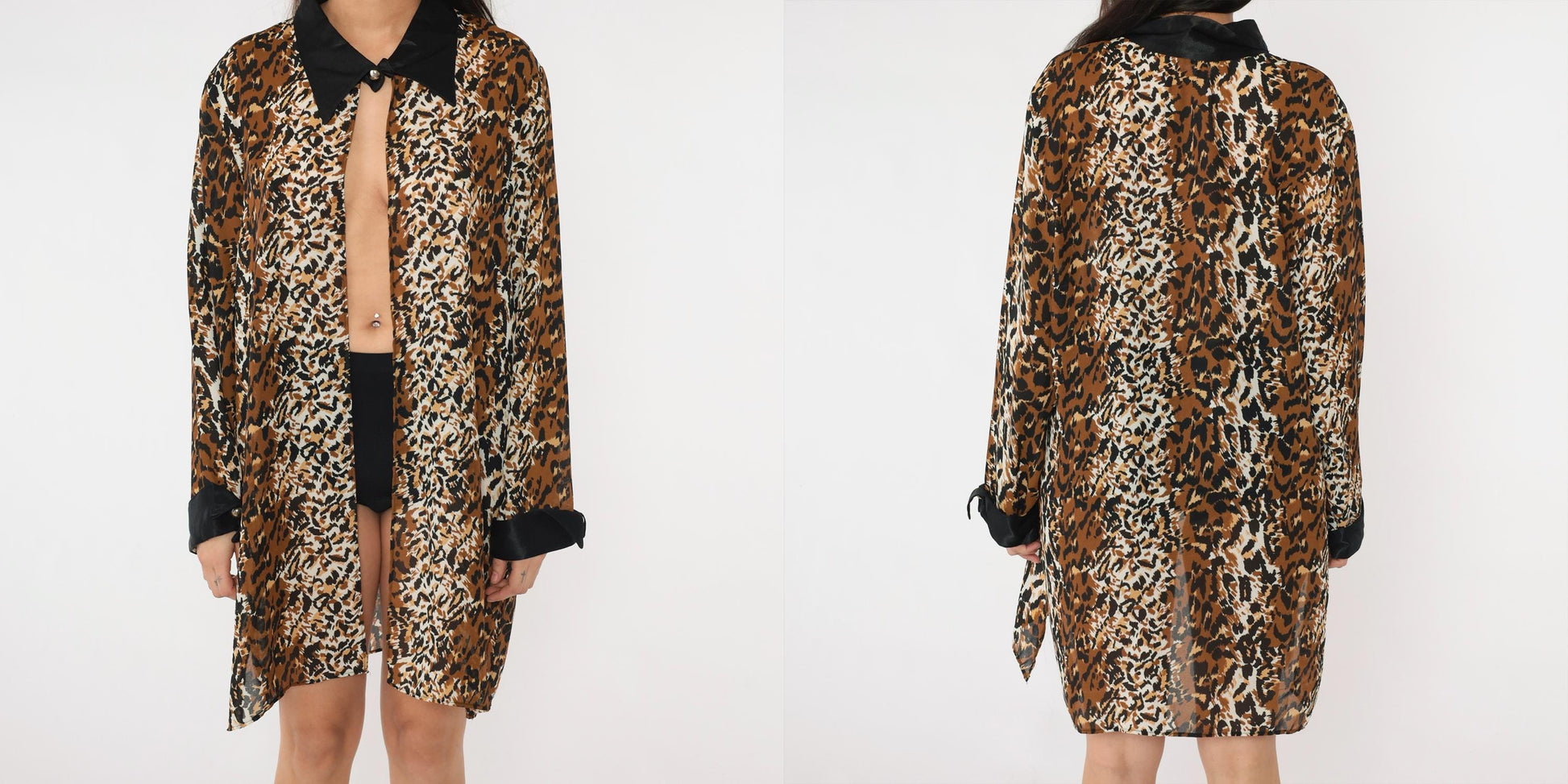 90s Leopard Print Jacket Black Collar Longline Open Front Small Medium