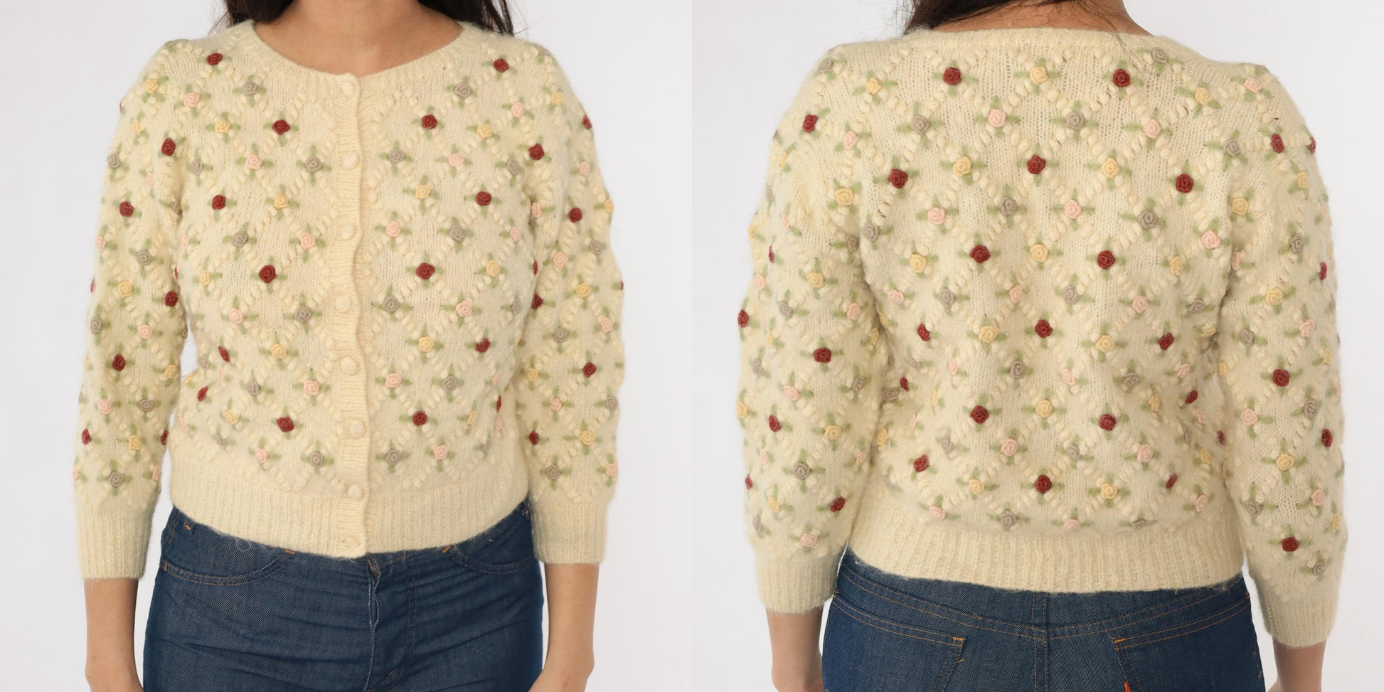 60s Wool Cardigan Cream Floral Embroidery Cropped 3/4 Sleeve Extra Small