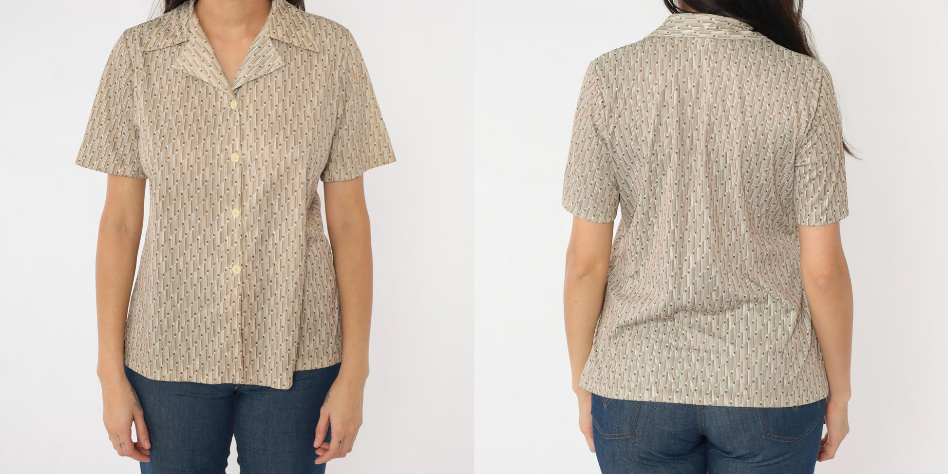 70s Op Art Geometric Blouse White Brown Disco Shirt Short Sleeve Medium