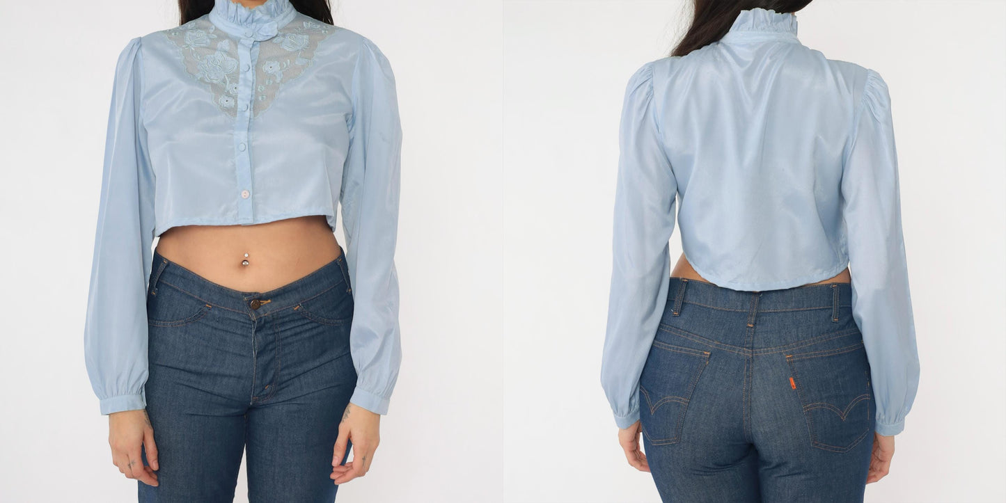 80s Light Blue Victorian Crop Top Puff Sleeve Button Up Blouse Small Medium