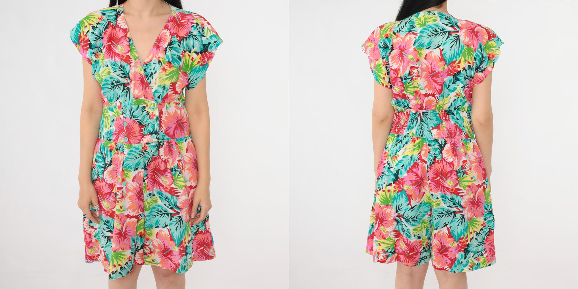 80s Tropical Floral Romper Playsuit Cotton Cap Sleeve High Waist Medium