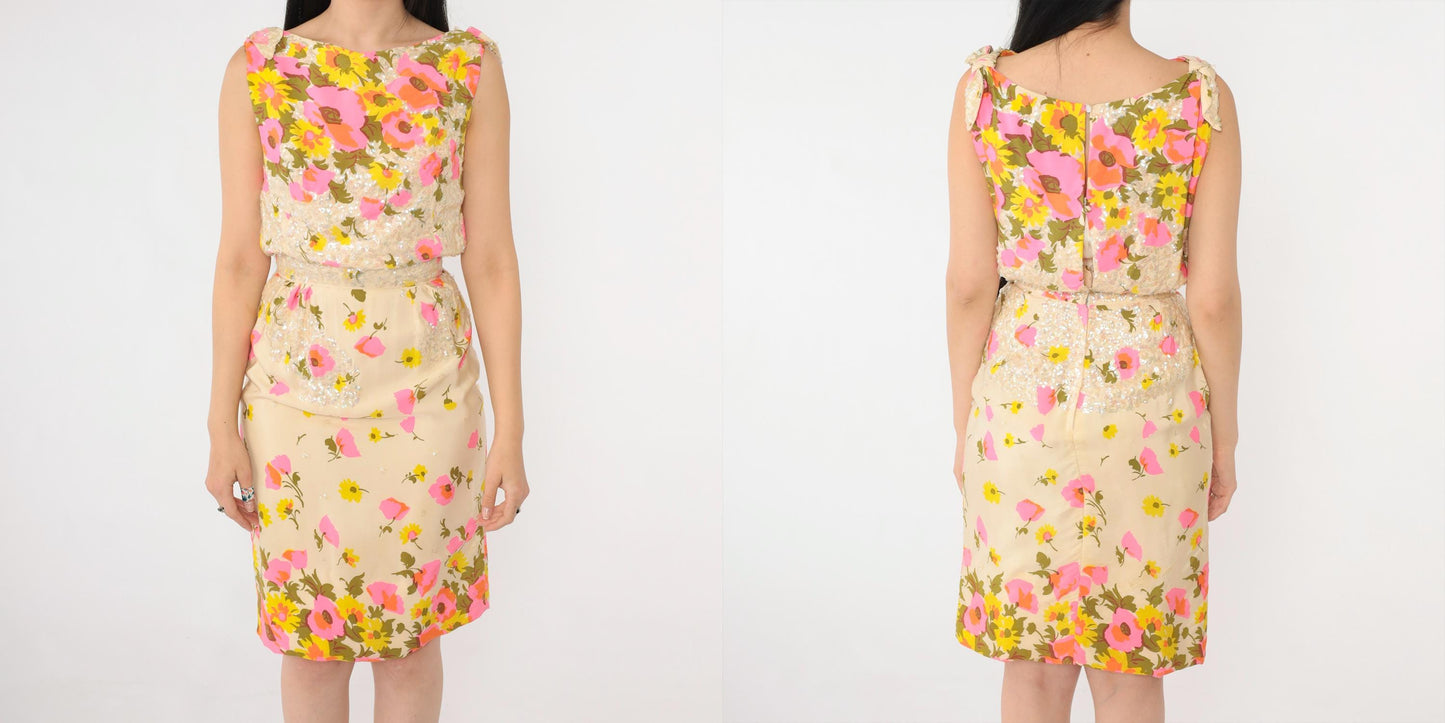 60s Pat Sandler Floral Sequin Cocktail Dress Cream Pink Yellow Extra Small