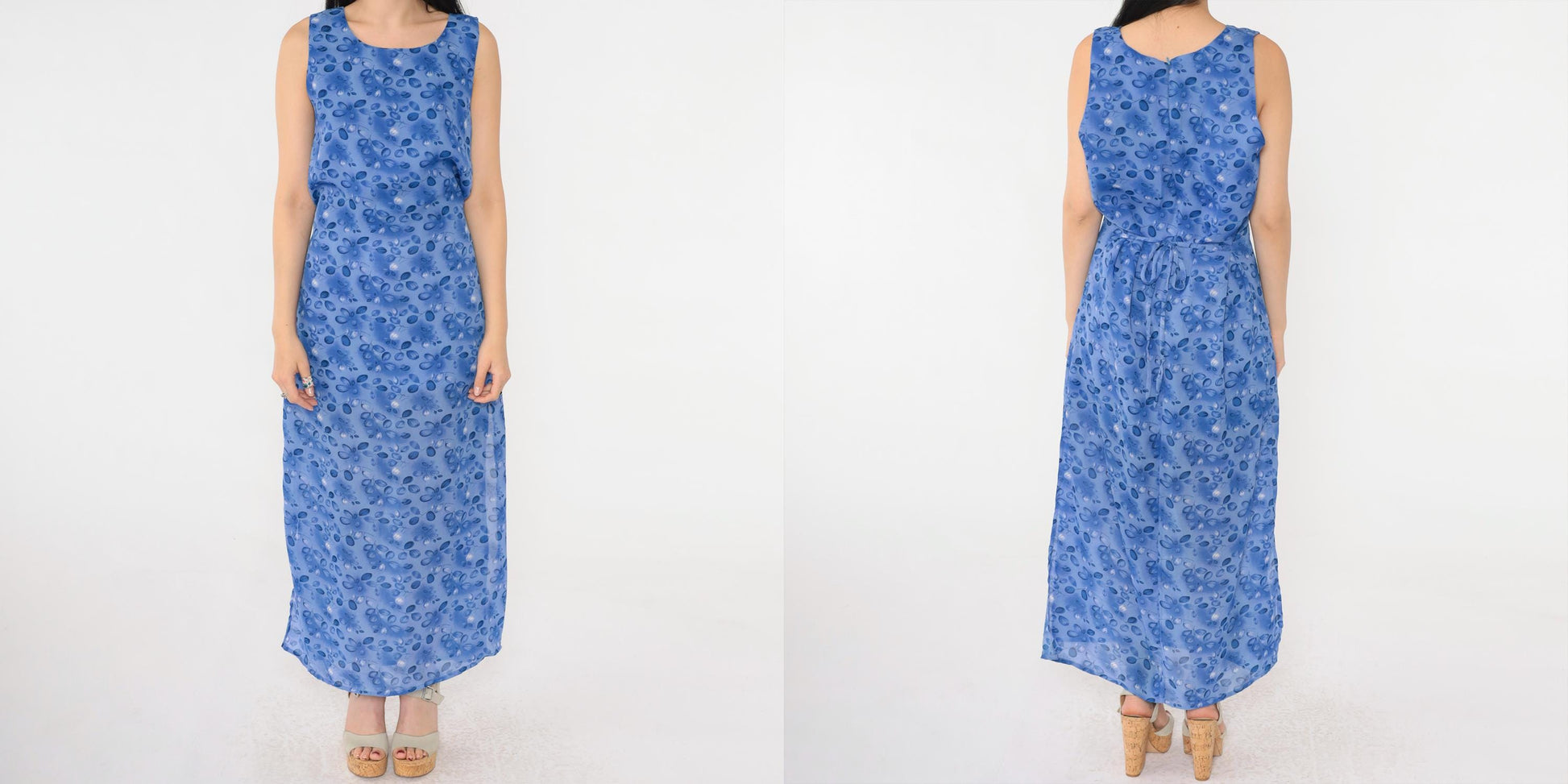 90s Blue Floral Maxi Dress with Matching Shawl Sleeveless Medium