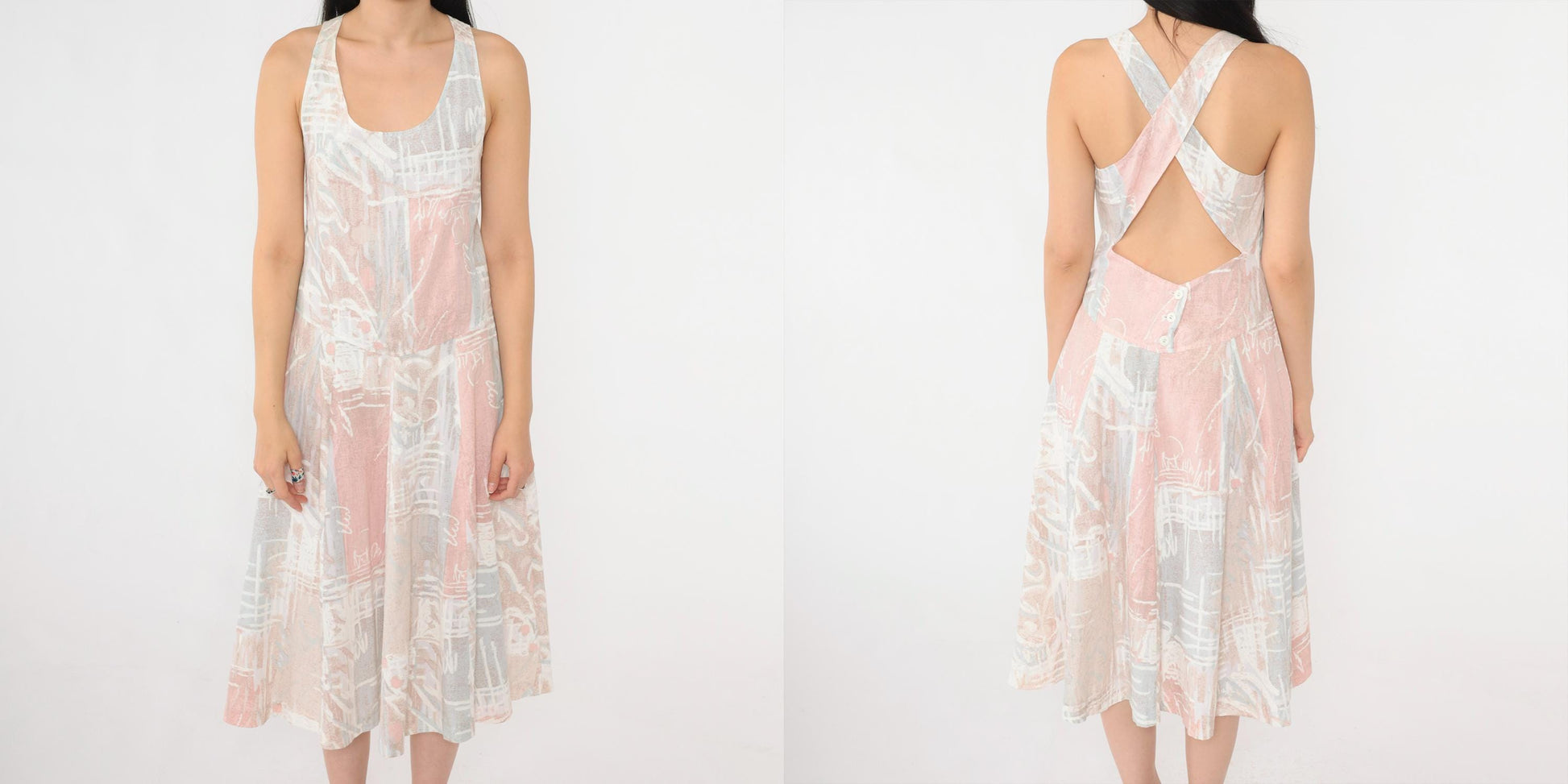 80s Pastel Abstract Print Midi Sundress Criss-Cross Tank Strap Small