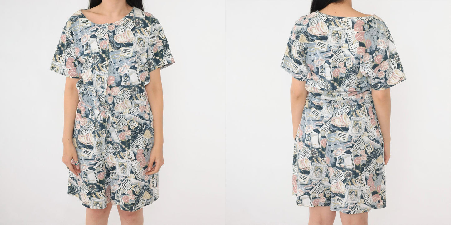90s Abstract Print Romper Teacup Newspaper Button Front Drawstring Medium M