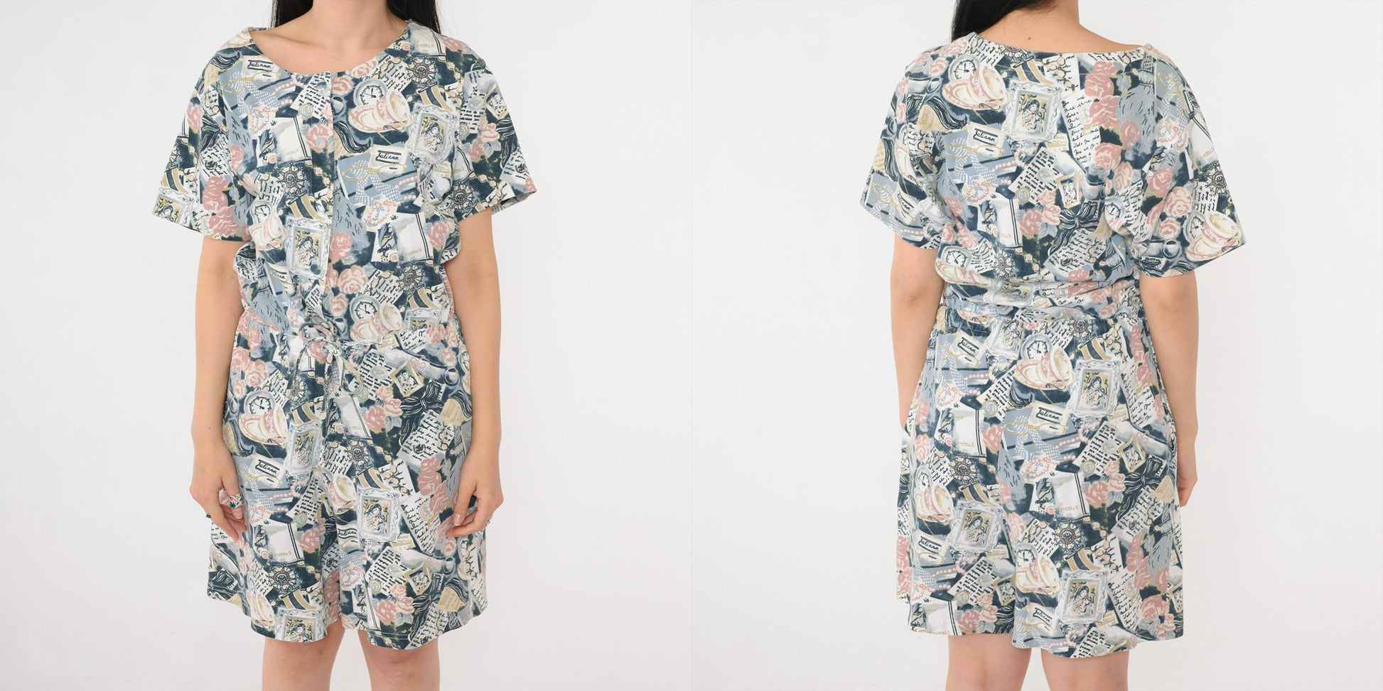 90s Abstract Print Romper Teacup Newspaper Button Front Drawstring Medium M