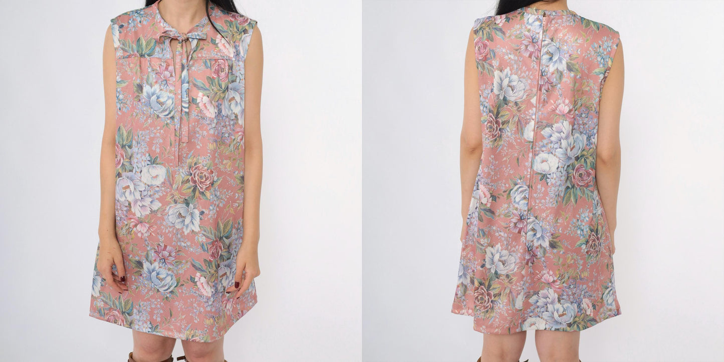 70s Mod Floral Shift Dress Dusty Pink Keyhole Tie Neck Sleeveless Mini Large L
